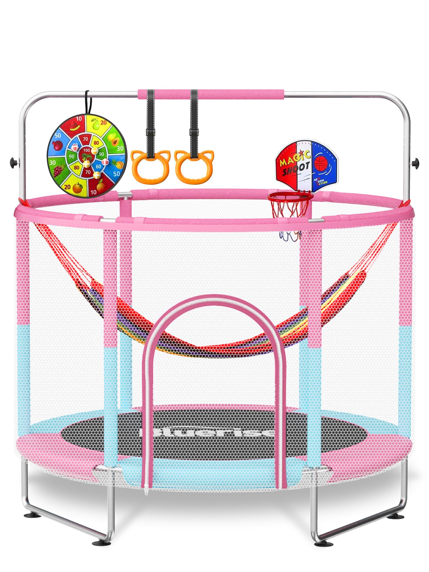BLUERISE 60  Trampoline for Kids 5FT Toddler Trampolines Indoor/Outdoor with Anti-Rollover Bottom Safety Enclosure Adjustable Gy