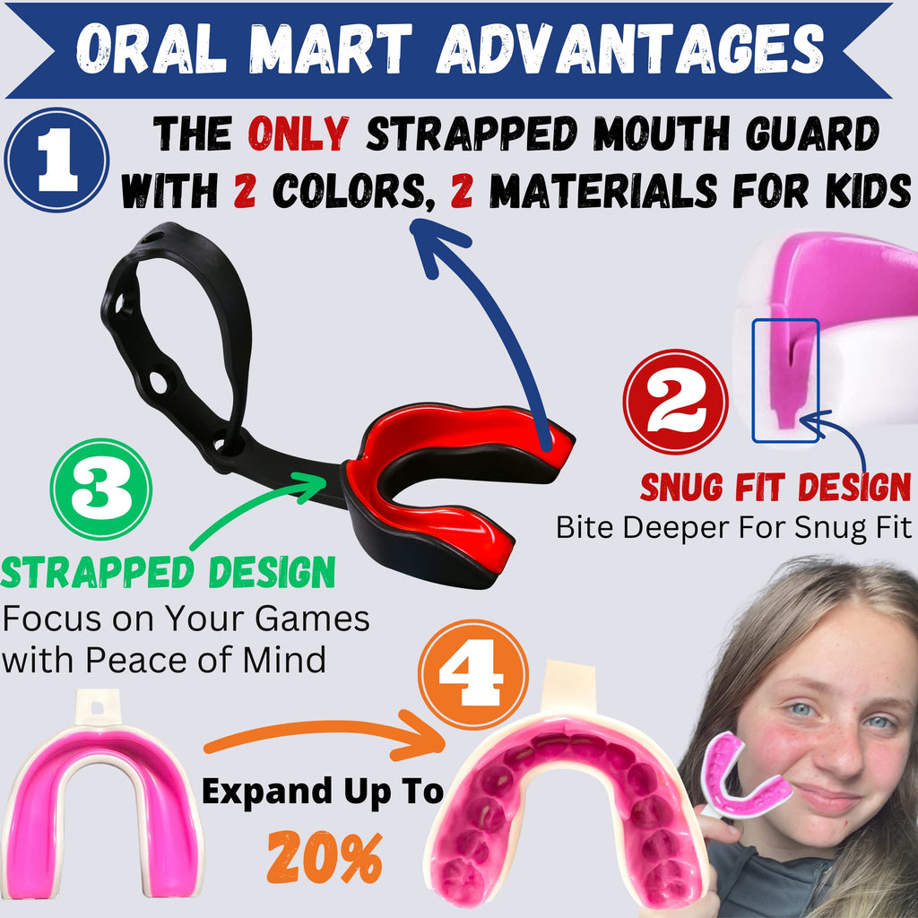 Oral Mart Black/Red Strapped Youth Mouth Guard For Kids - Sports Mouthguard With Strap For Football, Ice Hockey, Lacrosse, Taekw