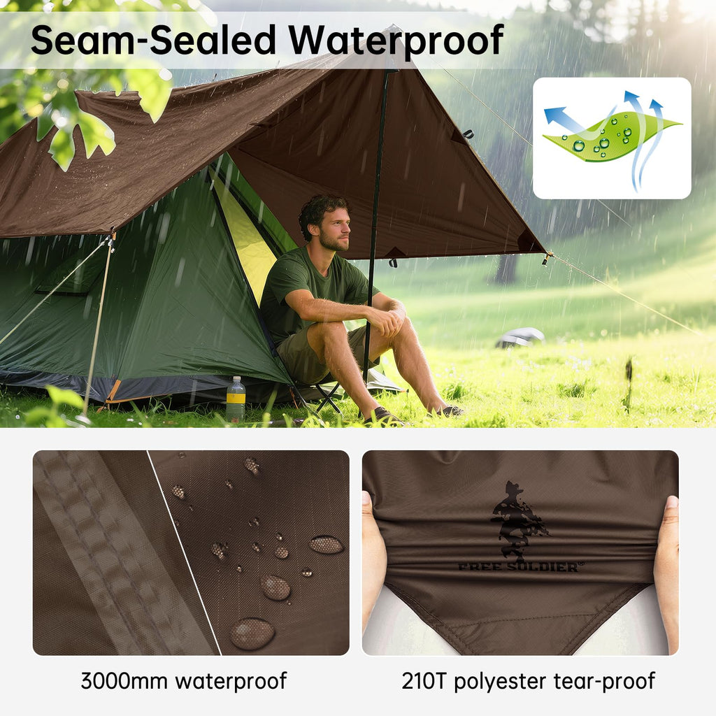 Free Soldier Camping Tarp Waterproof Portable Multifunctional Outdoor Traveling Awning Backpacking Shelter Rain Tarp (Taupe 10