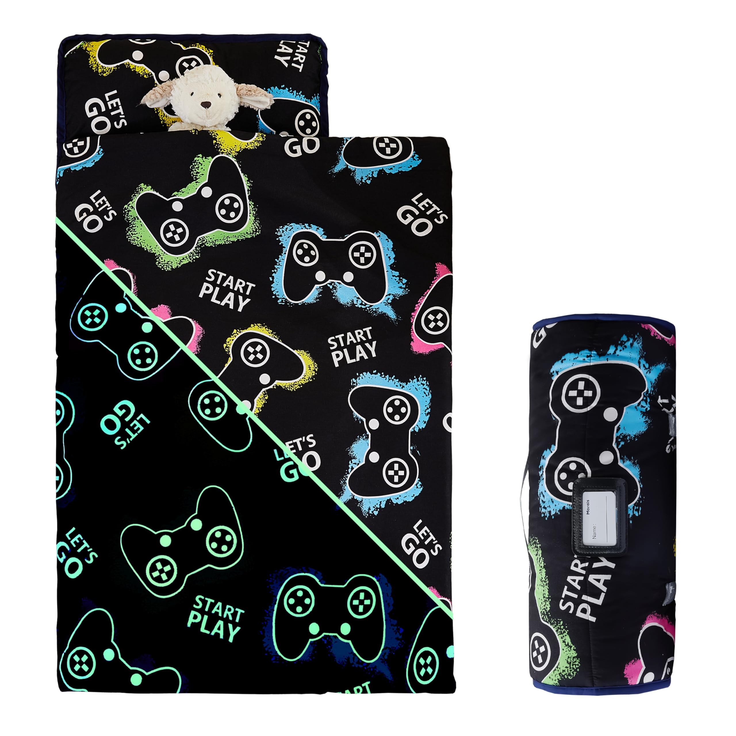 MORAIS Toddler Nap Mat with Removable Pillow and Blanket, Glow in The Dark 52 x 20 Lightweight and Soft Nap Mat for Preschool, D