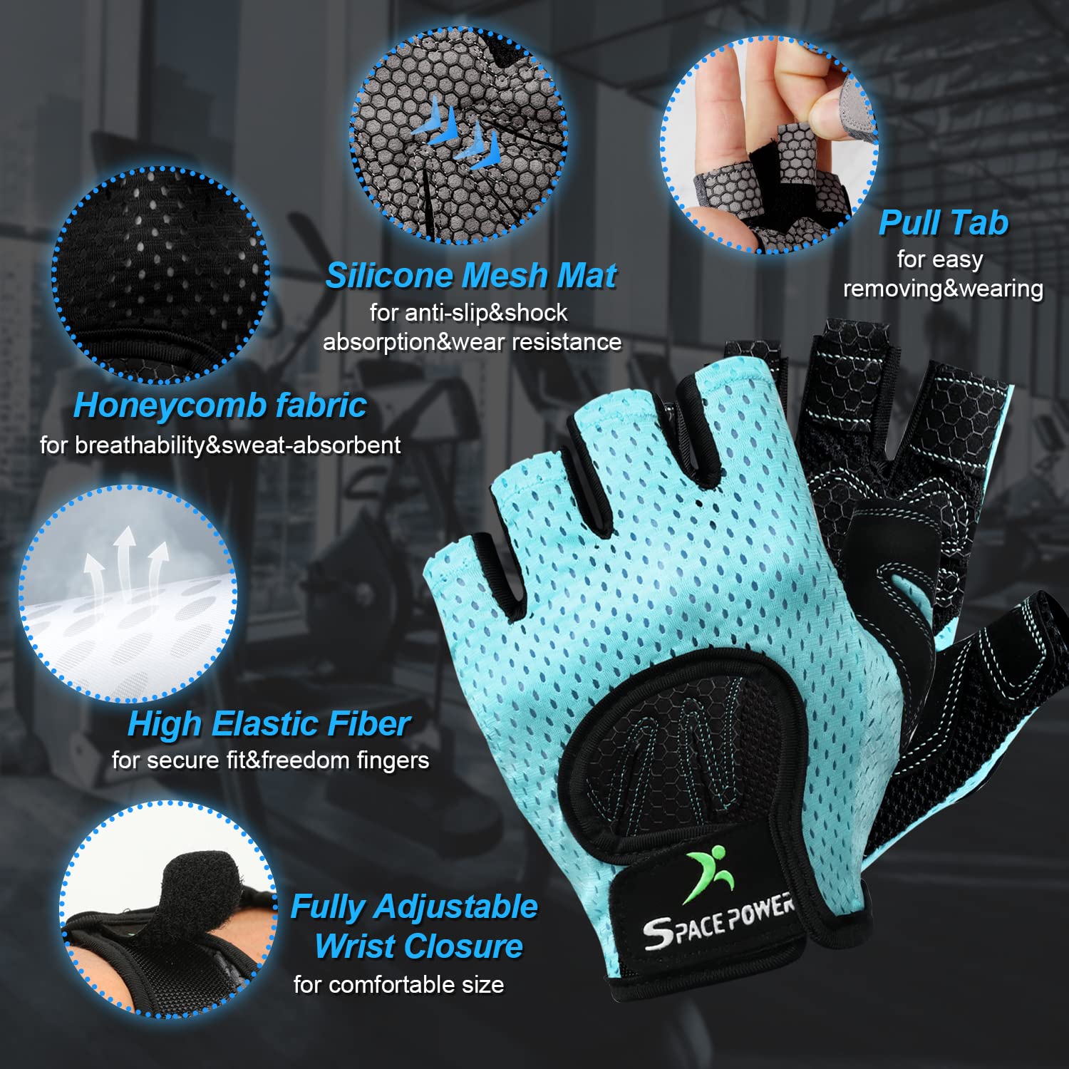 Spacepower Workout Gloves, Weight Lifting Gloves For Women&Men, Lightweight Breathable Gym Gloves For Exercise (Medium, Blue)