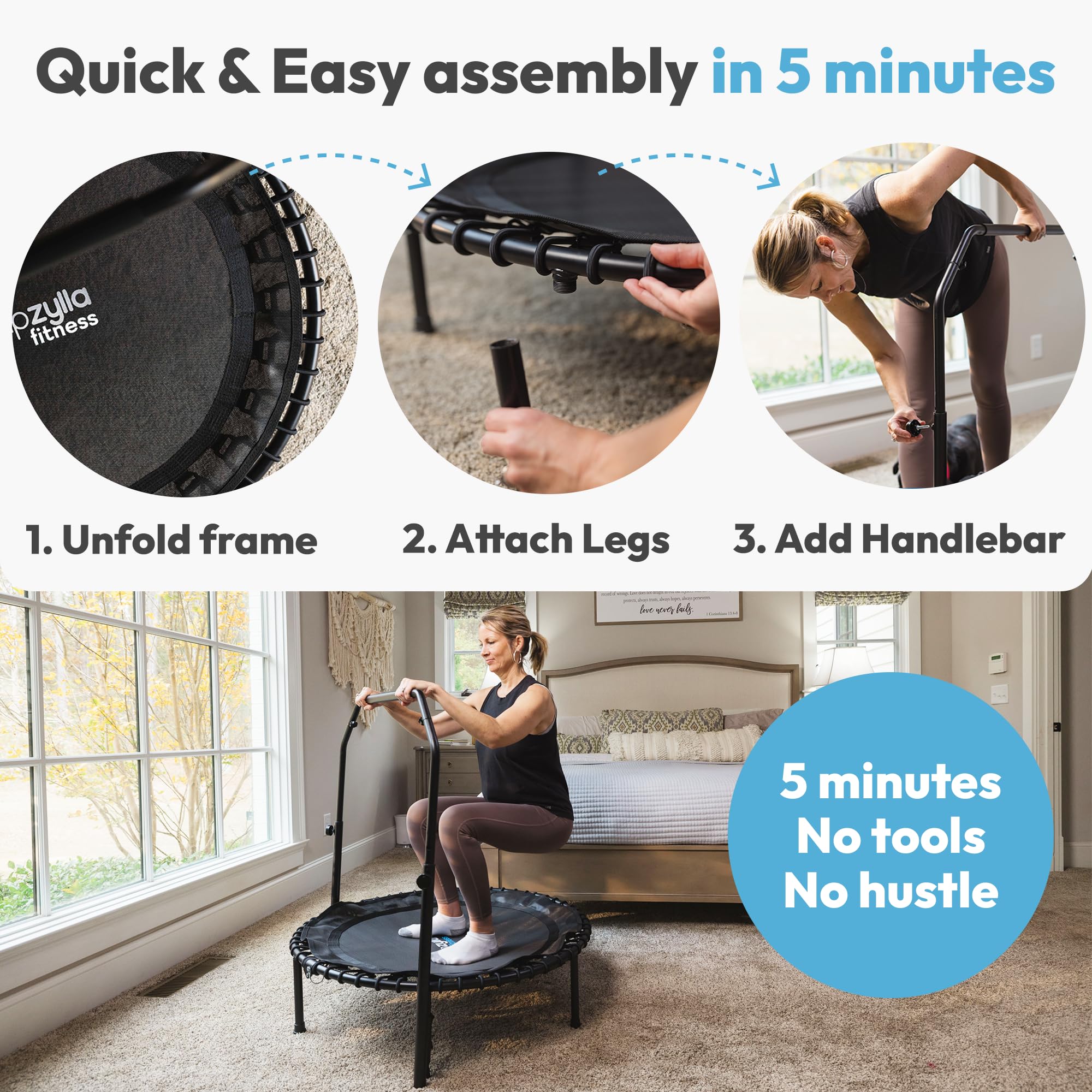 Jumpzylla Fitness Trampoline 40| Foldable Mini Rebounder Trampoline For Adults With Bar | Durable, Quiet, Low-Impact Exercise Eq