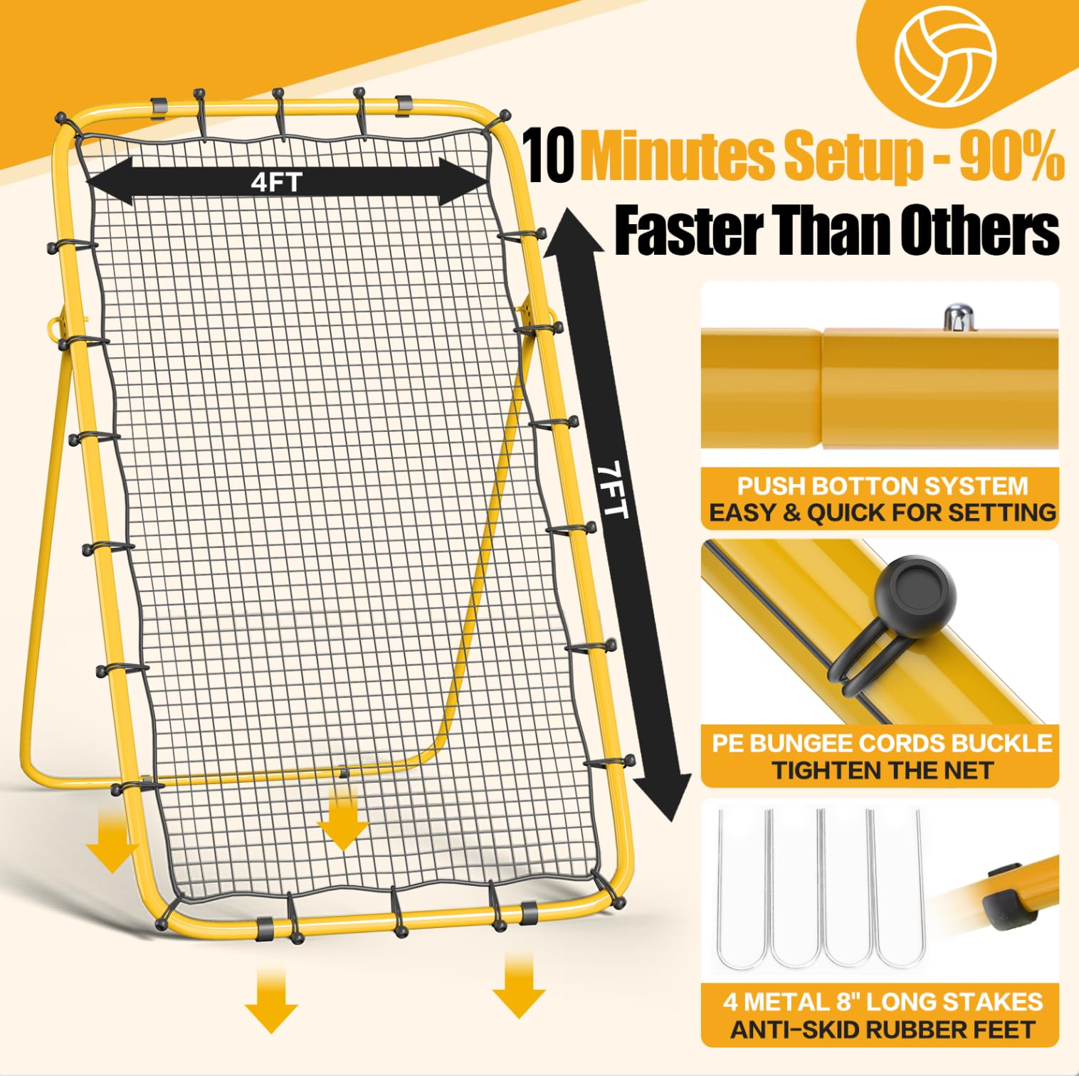 Volleyball Rebounder Net 7x4 Ft with 2 Target Stripes, 5-Angle Adjustable Rebounder Net for Practicing Digging, Setting, Spiking