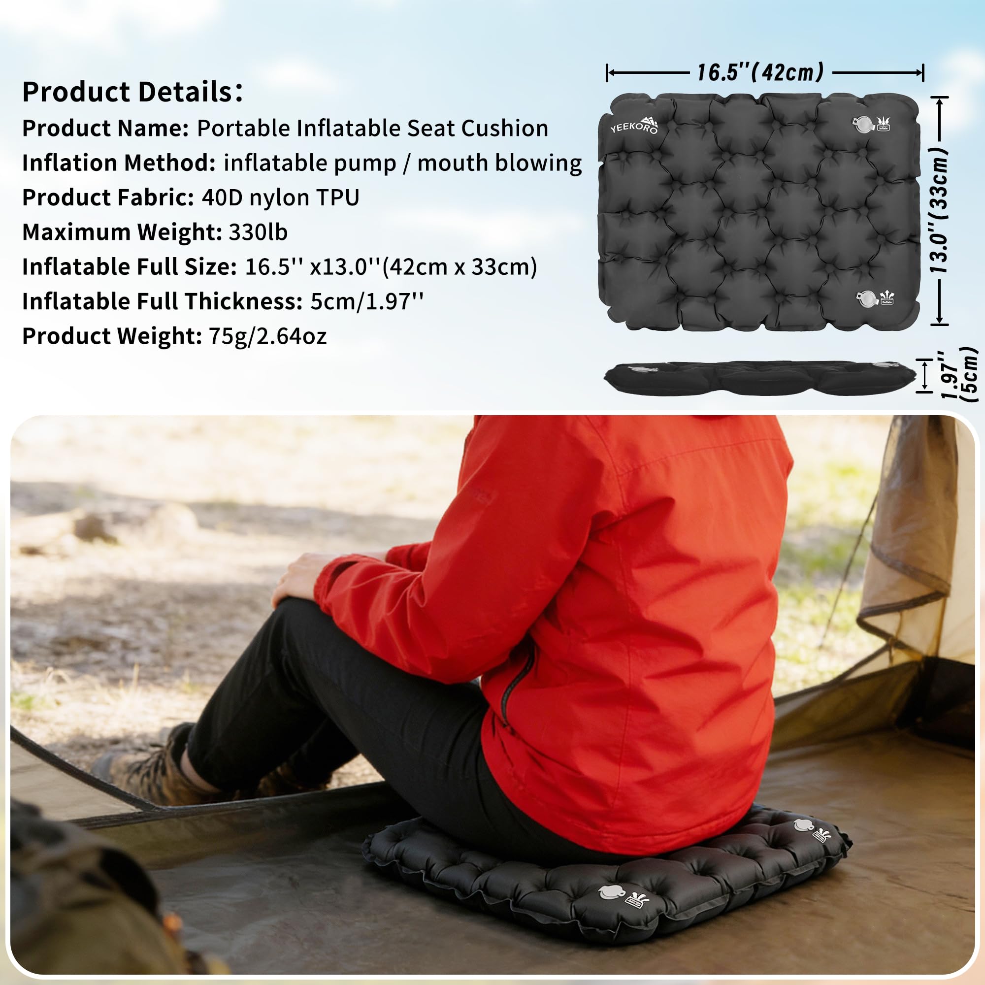 Yeekoro Inflatable Seat Cushion, Lightweight Camping Sitting Pad With Repair Cloths, Waterproof Air Seat, Portable For Climbing