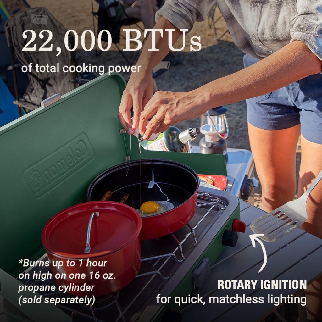 Coleman Cascade 222 2-Burner Camping Stove, Portable Cooktop With 22,000 Btus, Matchless Lighting, & Dual Wind Guards