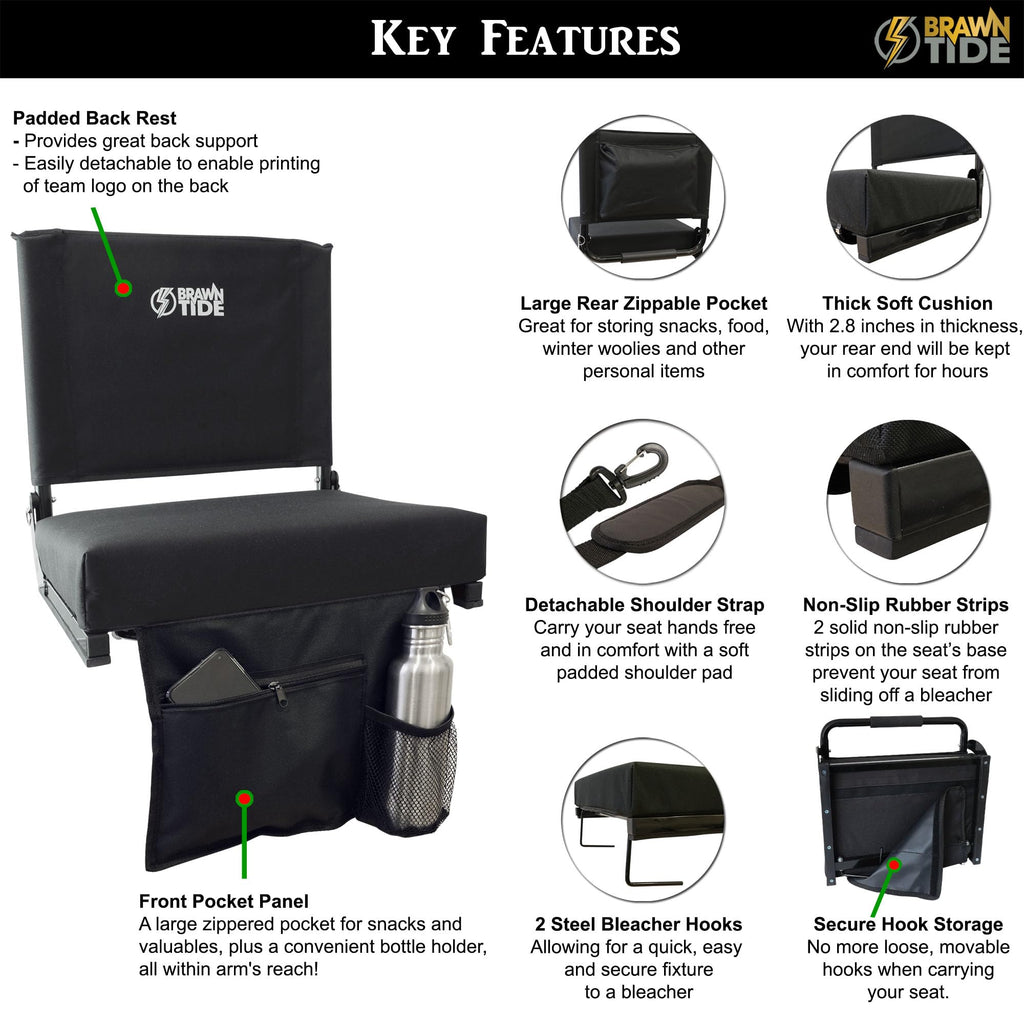 Brawntide Wide Stadium Seat Chair - Extra Thick Padding, 2 Bleacher Hooks, Compact, Light, Shoulder Strap, Carrying Handle, 3 St