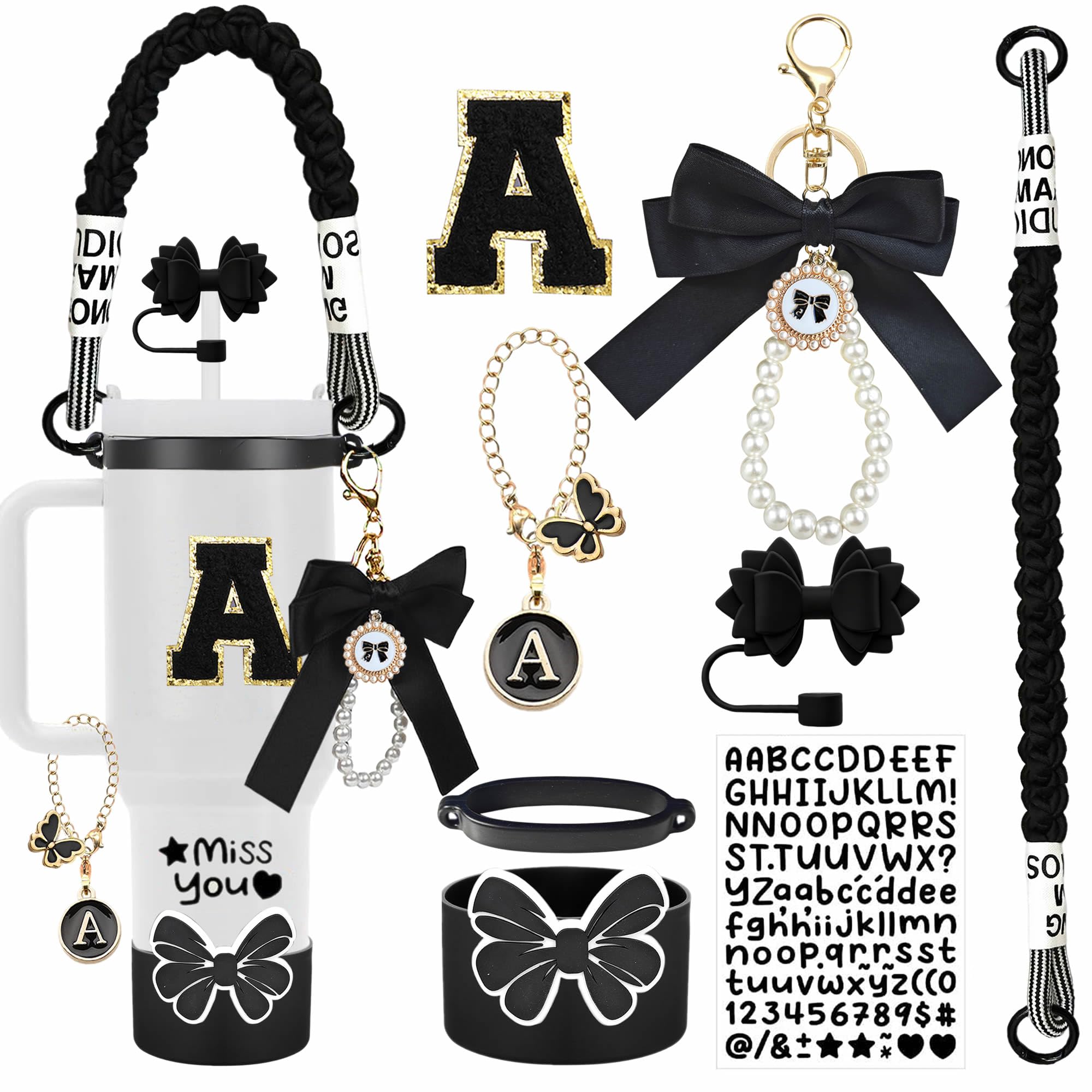 8Pcs Black Stanley Cup Accessories: Silicone Boot, Straw Topper, Charms & Handle Strap. Fits Quencher H2.0 30oz/40oz, IceFlow 20