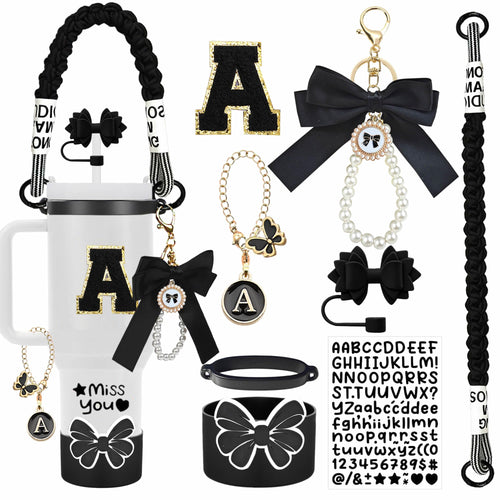 8Pcs Black Stanley Cup Accessories: Silicone Boot, Straw Topper, Charms & Handle Strap. Fits Quencher H2.0 30oz/40oz, IceFlow 20
