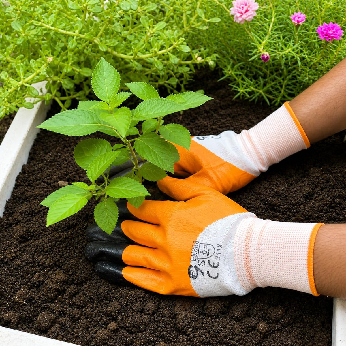 Bindian Gardening Gloves, Orange, CrinkleFinish Fabric, Breathable, AntiSlip, For Digging, Weeding & Plant Care (Pack Of 2)