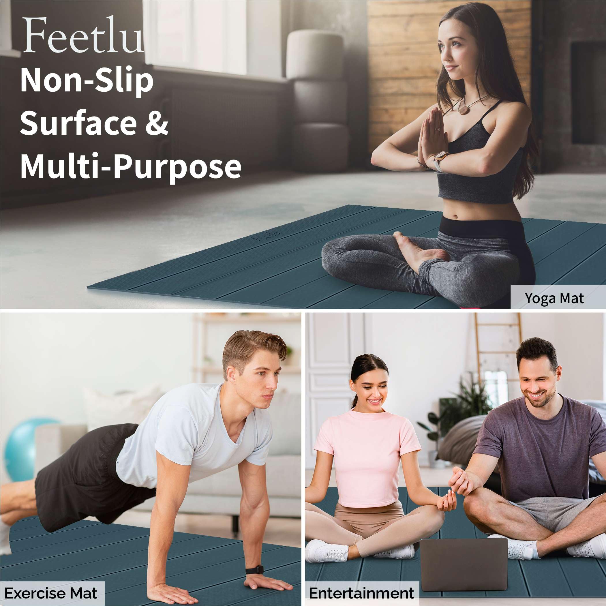 Feetlu Foldable Large Yoga Mat: Extra 1/3 Inch Thick Workout Mat For Home Gym And Travel - Anti-Slip Folding Exercise Mat For Yo