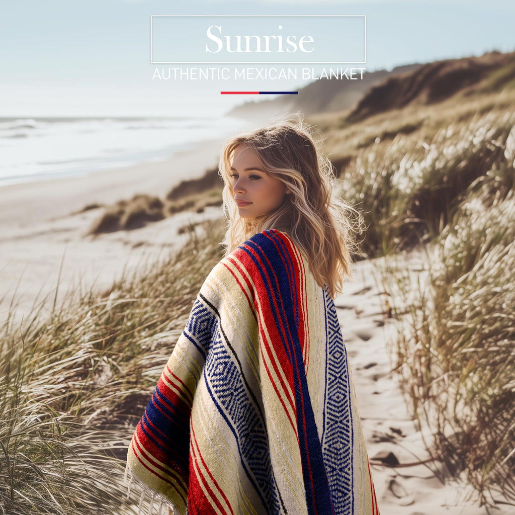 Hydration Nation Authentic Large Handwoven Mexican Striped Throw Blanket - Soft, Durable, Eco-Friendly - 70x50 - Sunrise