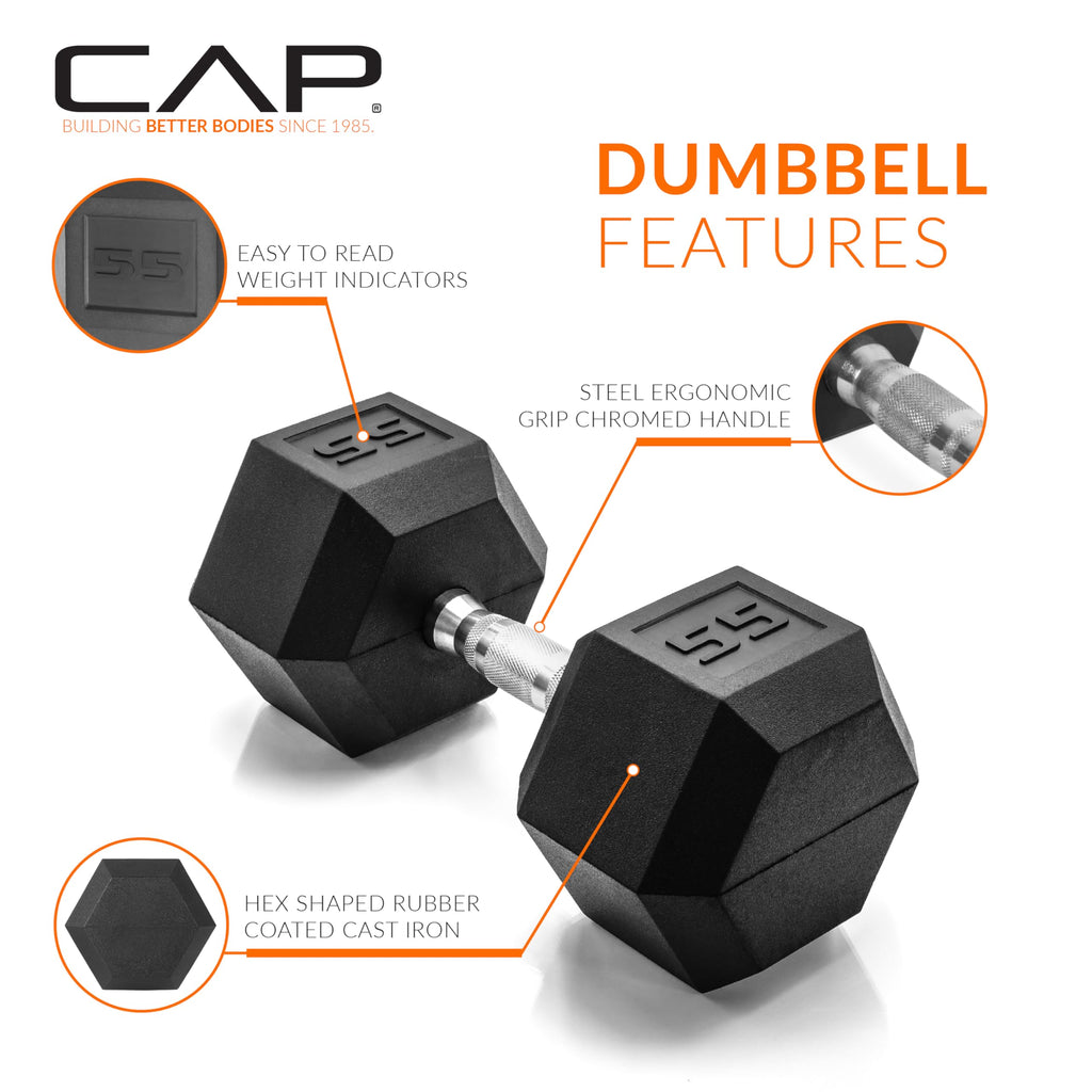 CAP Barbell 55 LB Rubber Coated Hex Dumbbell Hand Weight - Pair | Chrome Handle