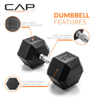 CAP Barbell 55 LB Rubber Coated Hex Dumbbell Hand Weight - Pair | Chrome Handle