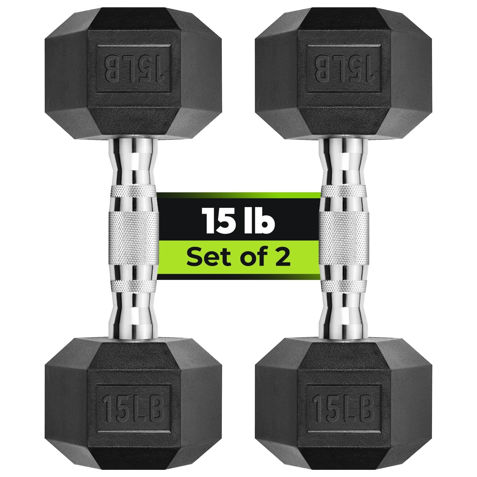 HANDBODE Hex 15 lb Dumbbell Rubber Encased Strength Training, Hand Weight For Workout & Exercise Pair