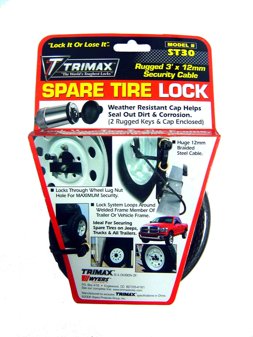 Trimax St30 Trimaflex Spare Tire Cable Lock (Round Key) 36'' X 12Mm,Black / Chrome