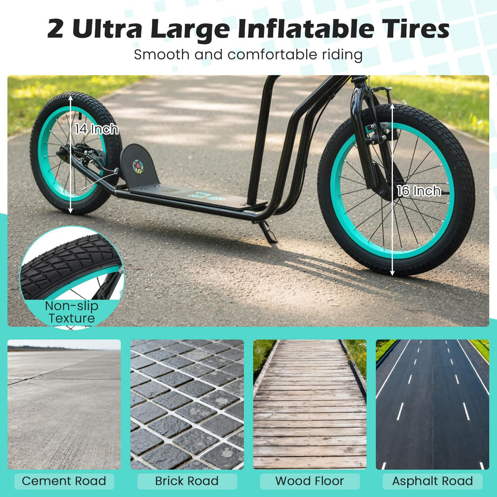 GYMAX Youth Scooter, Height Adjustable Kick Scooters with Extra Large Inflatable 16    Front & 14    Rear Wheels, Dual Hand Brak