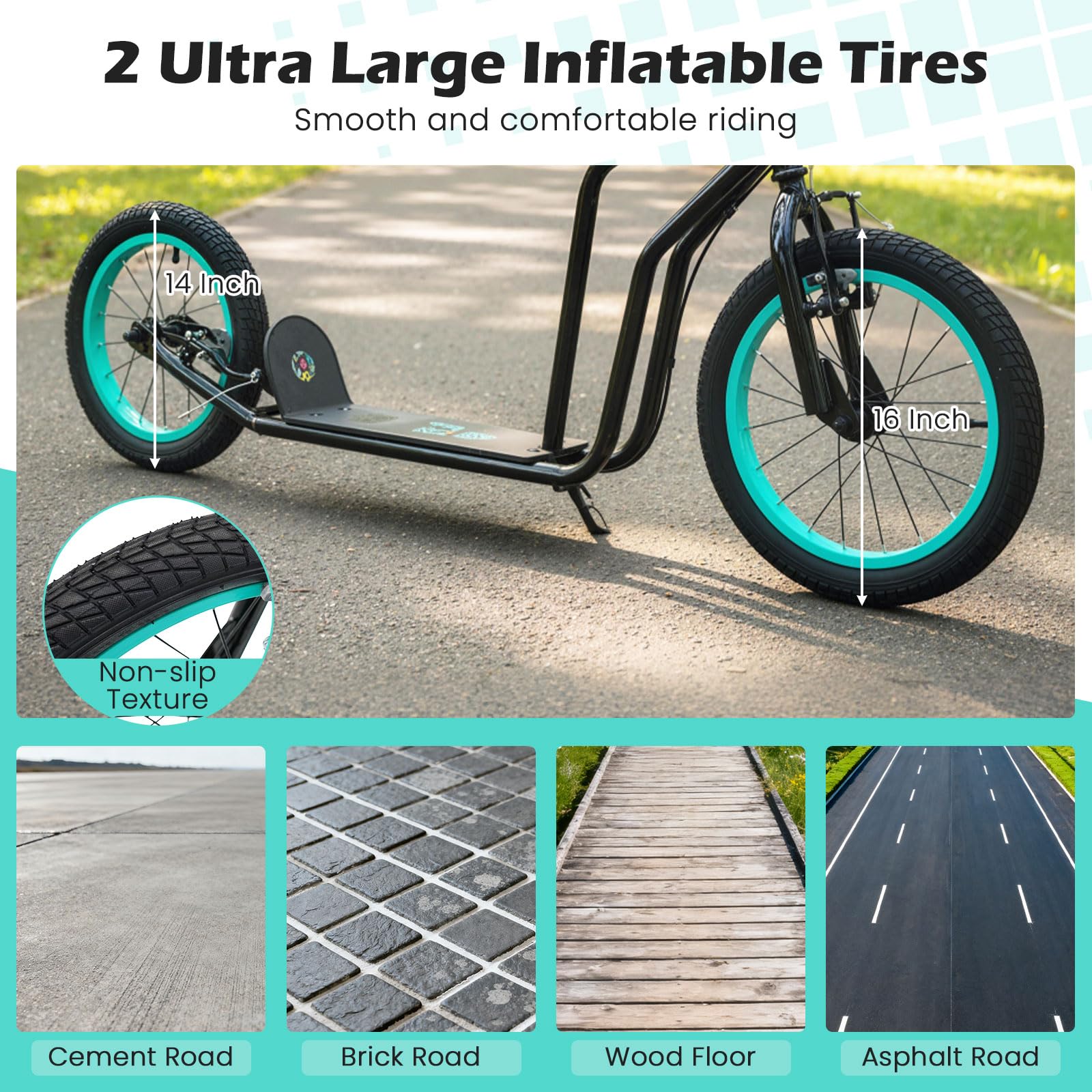 GYMAX Youth Scooter, Height Adjustable Kick Scooters with Extra Large Inflatable 16    Front & 14    Rear Wheels, Dual Hand Brak