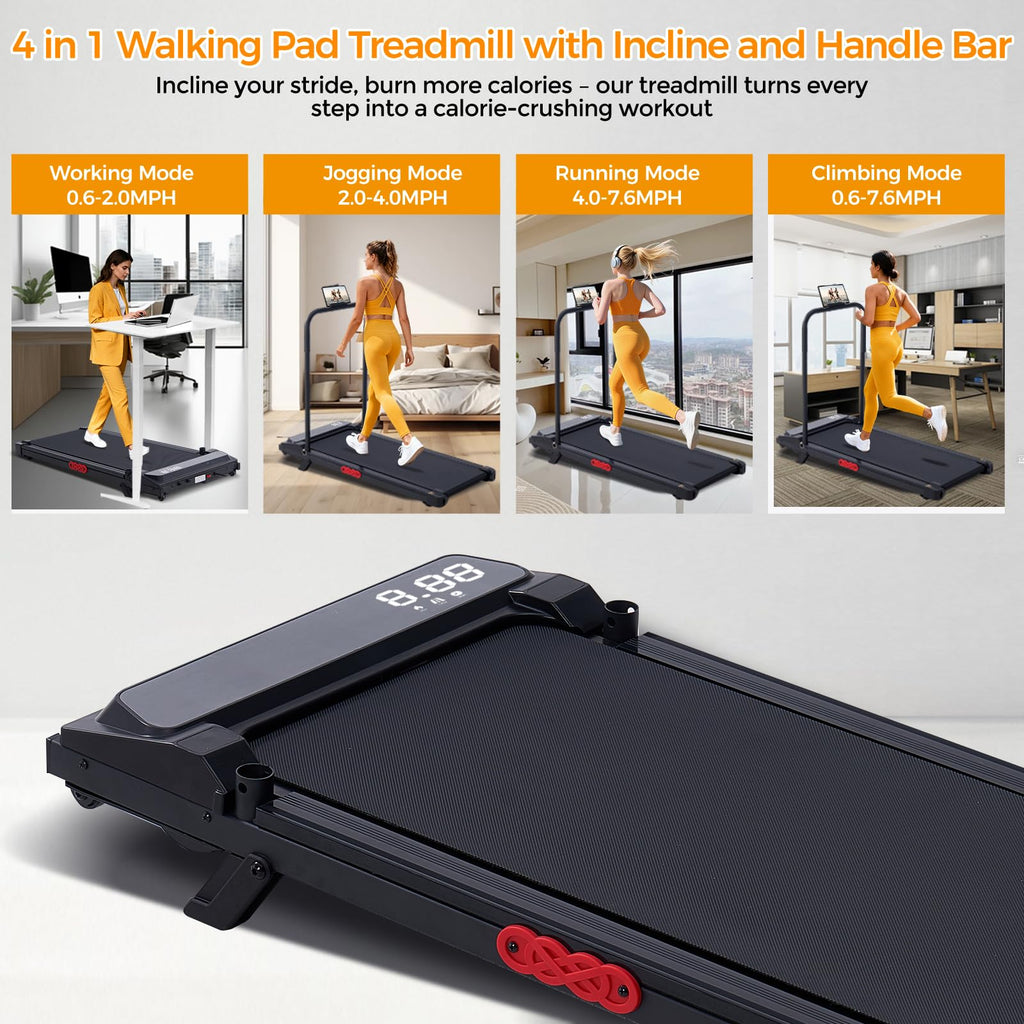 Folding Foldable Walking Pad Treadmill with Handle Bar and Incline, 3.0HP Portable Electric Treadmills with Handles for Home Sma