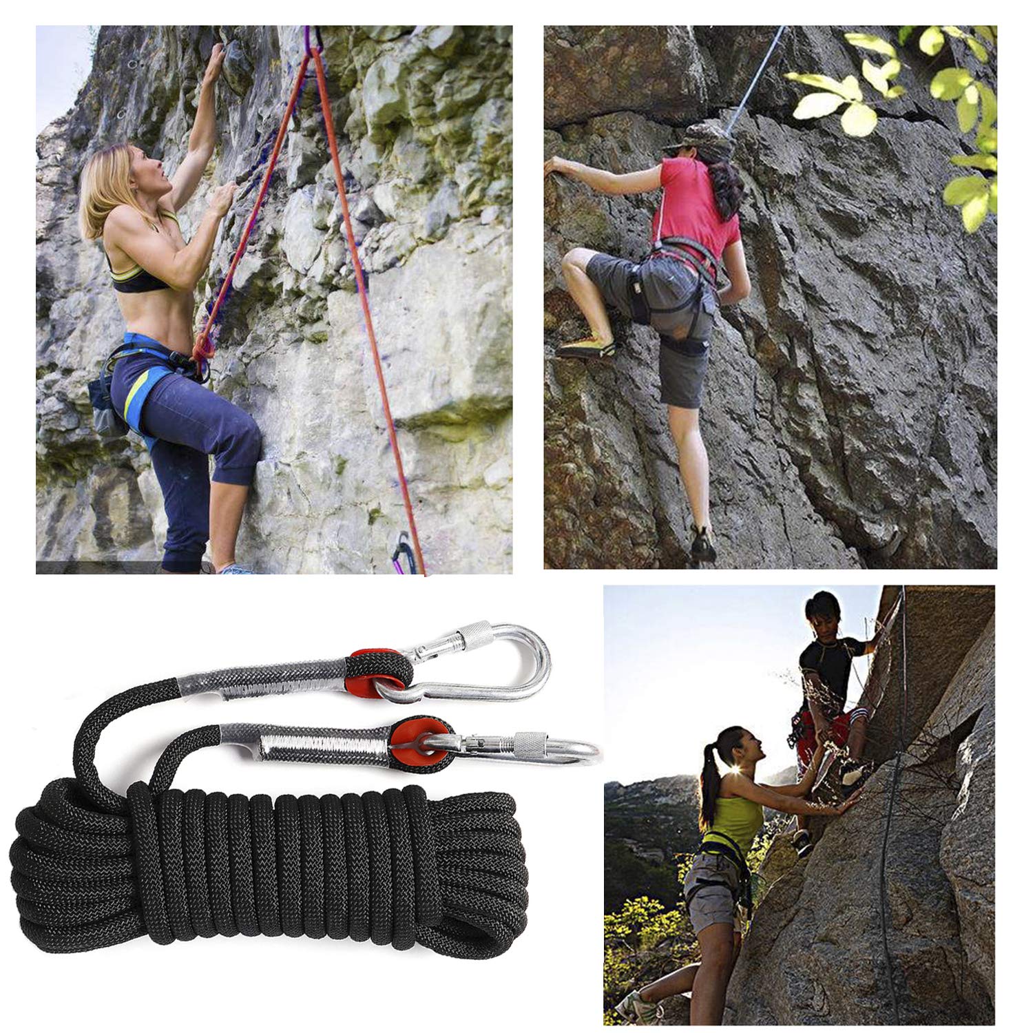 Ginee Outdoor 10Mm Static Rock Climbing Rope 100Ft Black Safety Ropes Fishing Rope Arborist Tree Climbing Rescue Grappling Escap