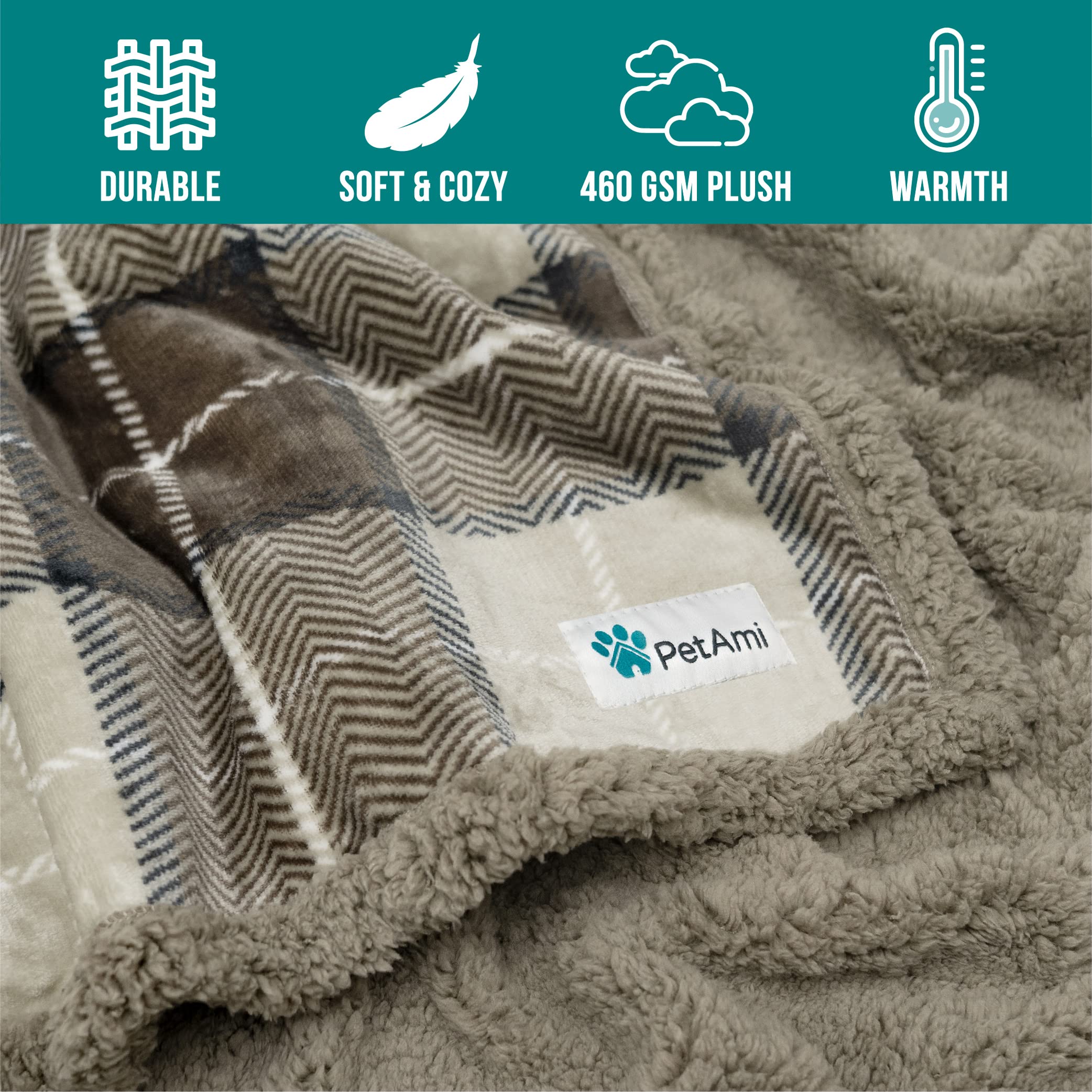 Petami Dog Blanket, Plaid Sherpa Dog Blanket  Plush, Reversible, Warm Pet Blanket For Dog Bed, Couch, Sofa, Car (Taupe, 60X40 In