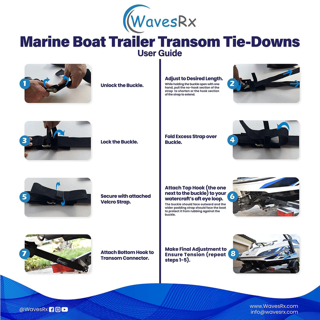Wavesrx Jet Ski & Pwc Trailer Transom Straps (4Pk)  24'' Marine Tie Downs Adjustable Safety Straps  Outperforms Ratcheting And R
