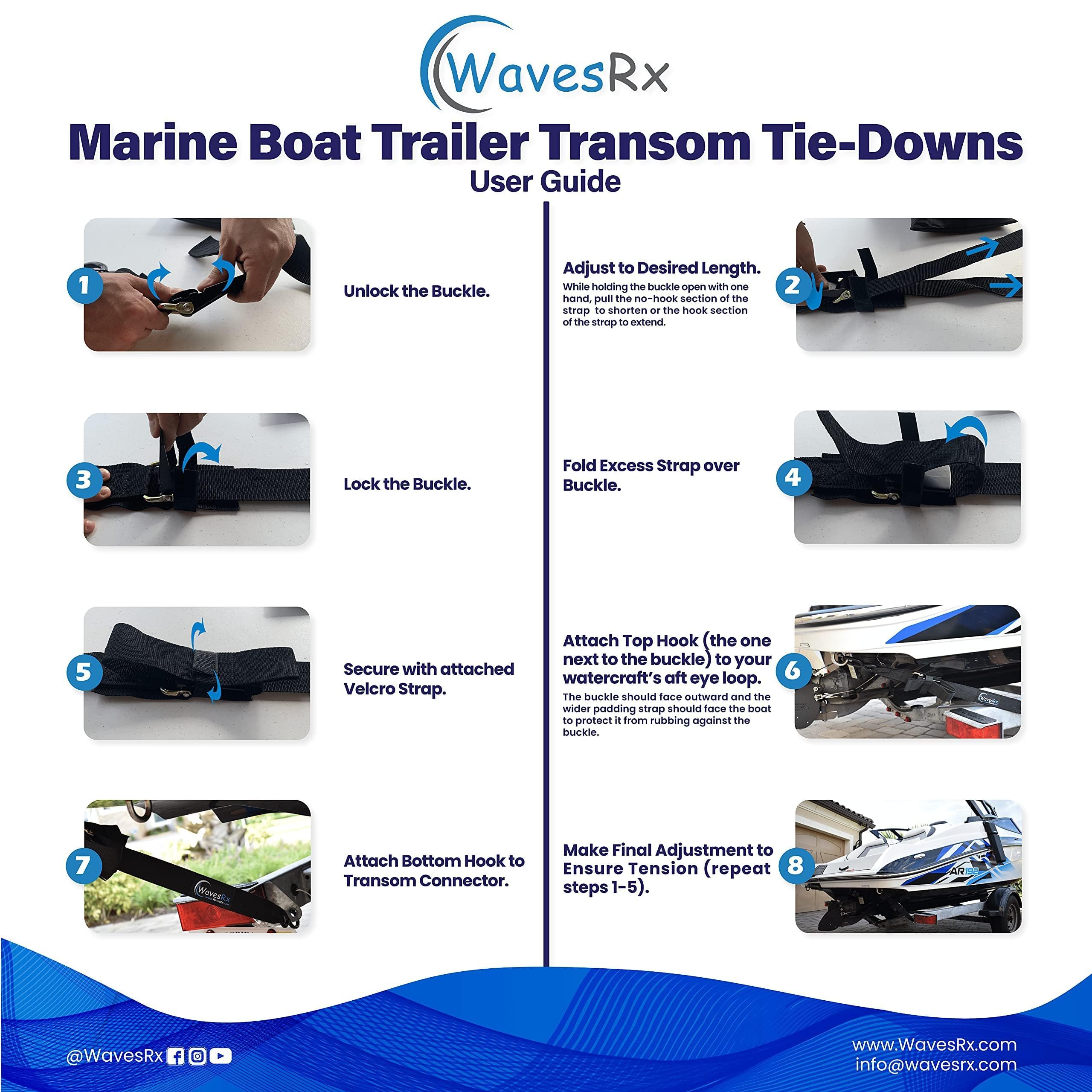 Wavesrx Jet Ski & Pwc Trailer Transom Straps (4Pk)  24'' Marine Tie Downs Adjustable Safety Straps  Outperforms Ratcheting And R
