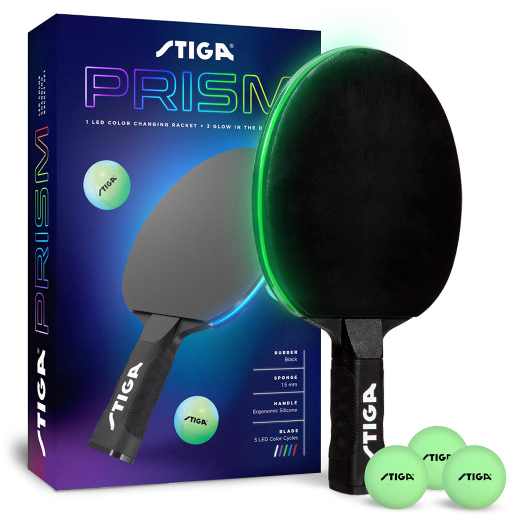 Stiga Prism Led Ping Pong Paddle - 5 Led Color Cycles - Color Gradient Mode - Includes 3 Glow-In-The-Dark Balls - 1.5Mm Sponge W