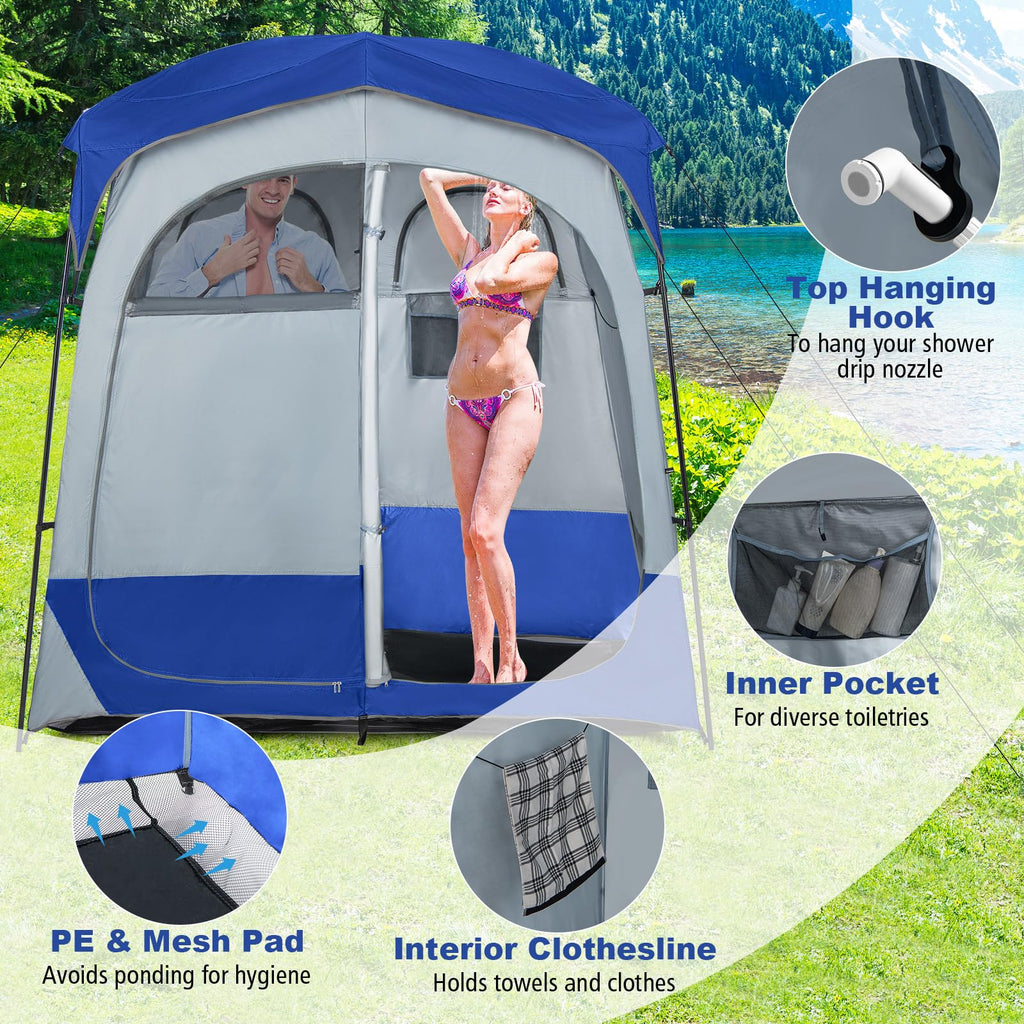 Tangkula Double Room Shower Tent, Oversize Space Privacy Outdoor Changing Tent With Floor, Removable Rain Fly, Inside Pocket, Cl