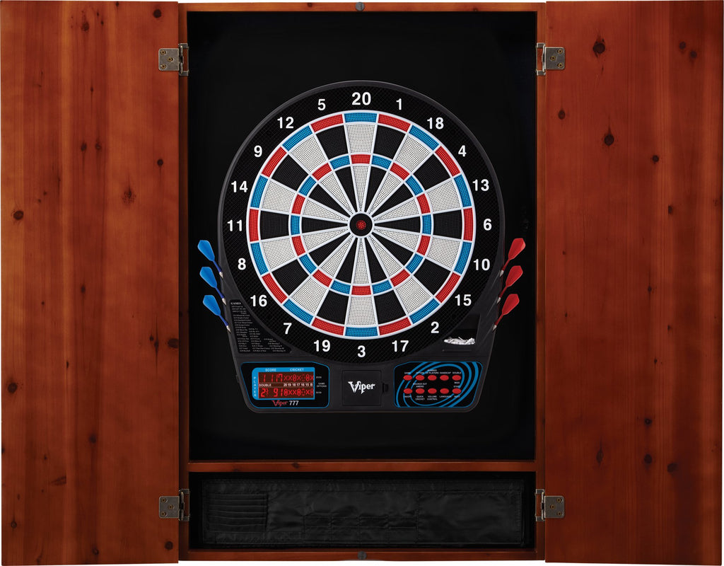 Viper Metropolitan Solid Wood Cabinet & Electronic Dartboard Ready-To-Play Bundle: Standard Set (777 Dartboard), Cinnamon Finish