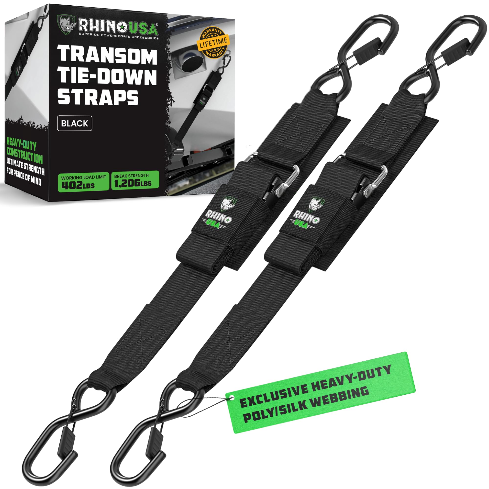 Rhino Usa Boat Trailer Transom Straps (2Pk)- Heavy Duty 2 Inch X 48 Inch Adjustable Straps For Trailering - Ultimate Marine Tie