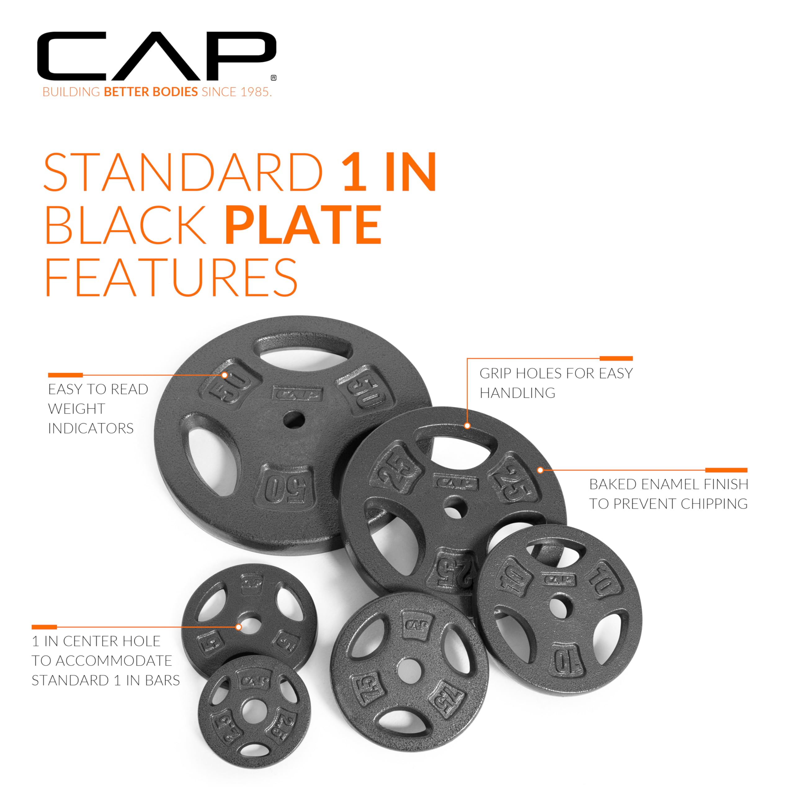 Cap Barbell Standard 1-Inch Grip Weight Plates 25 Lbs Black, Pack (X1)
