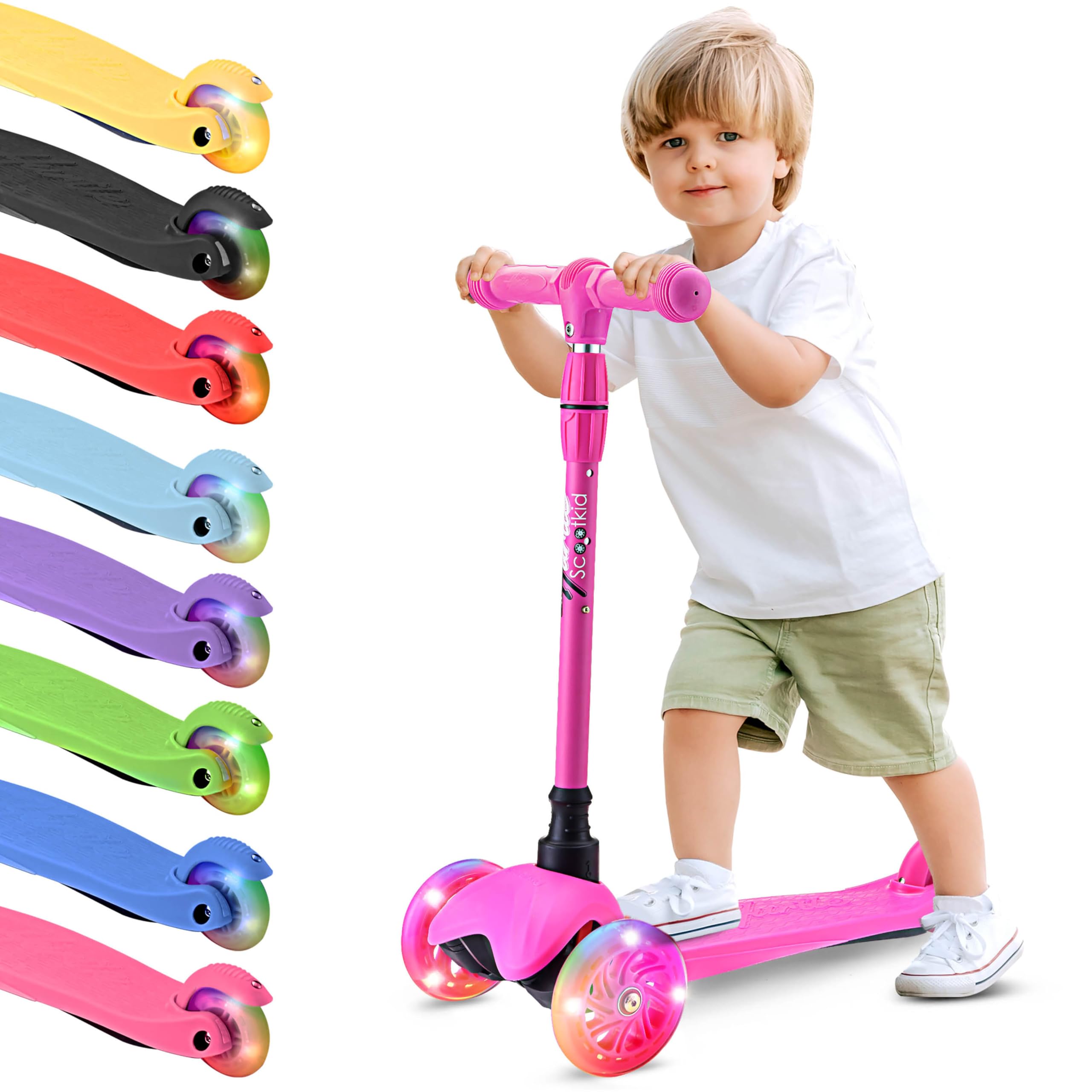 Hurtle Mini Kickboard Scooter for Kids - Height Adjustable 25-28, Lightweight 3-Wheel with LED Light-up Wheels, Anti-Slip,In