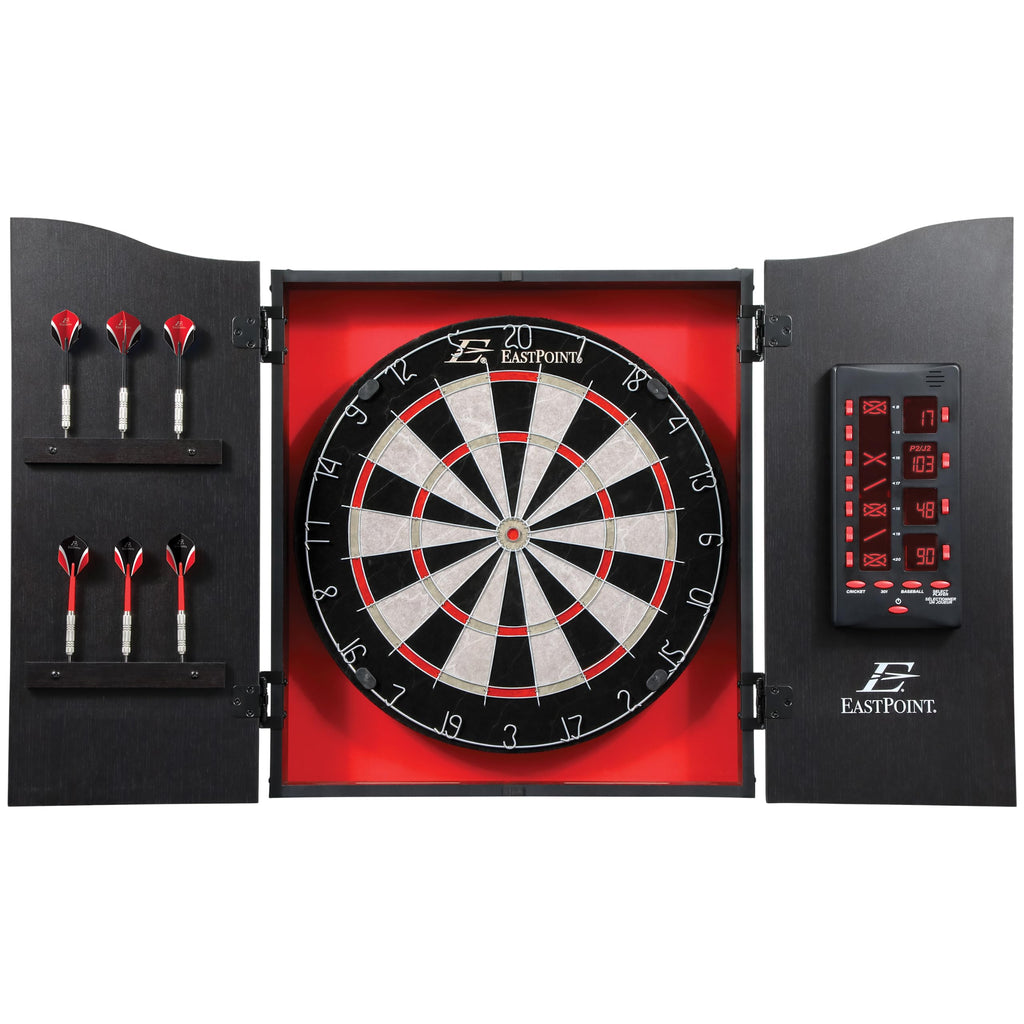 Eastpoint Sports Tournament Bristle Dartboard And Easy Hang Cabinet With Electronic Scoreboard And 6 Steel Tip Darts