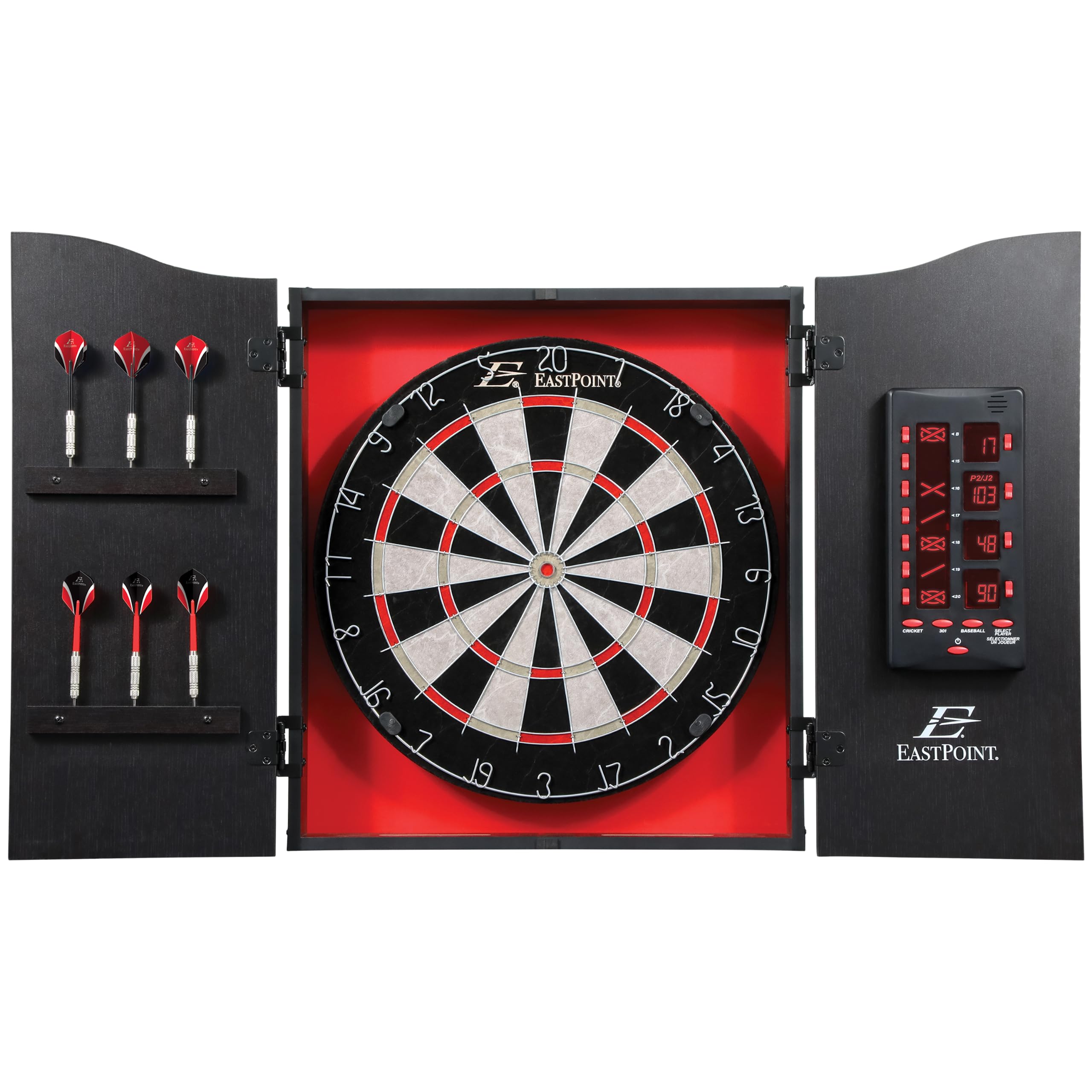 Eastpoint Sports Tournament Bristle Dartboard And Easy Hang Cabinet With Electronic Scoreboard And 6 Steel Tip Darts