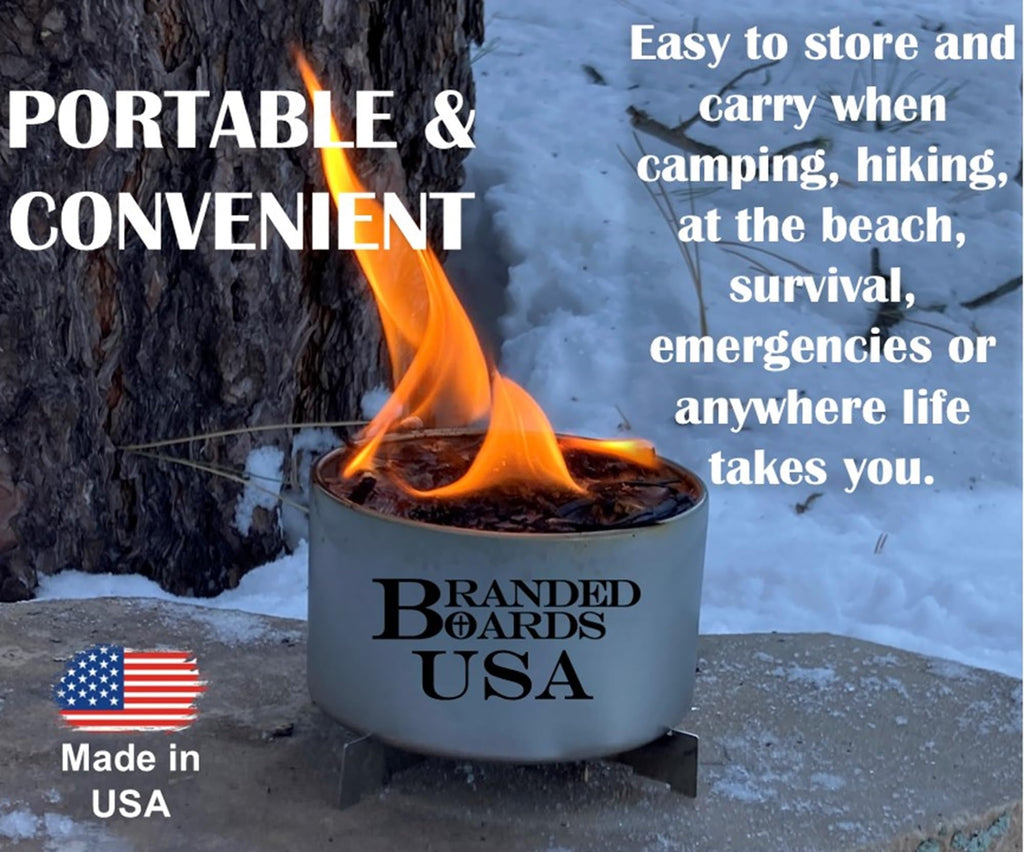 Branded Boards | Made In Usa | Portable Mini Bonfire Campfire In A Can | Reusable & Up To 2 Hours Of Burn Time | Picnics Parties