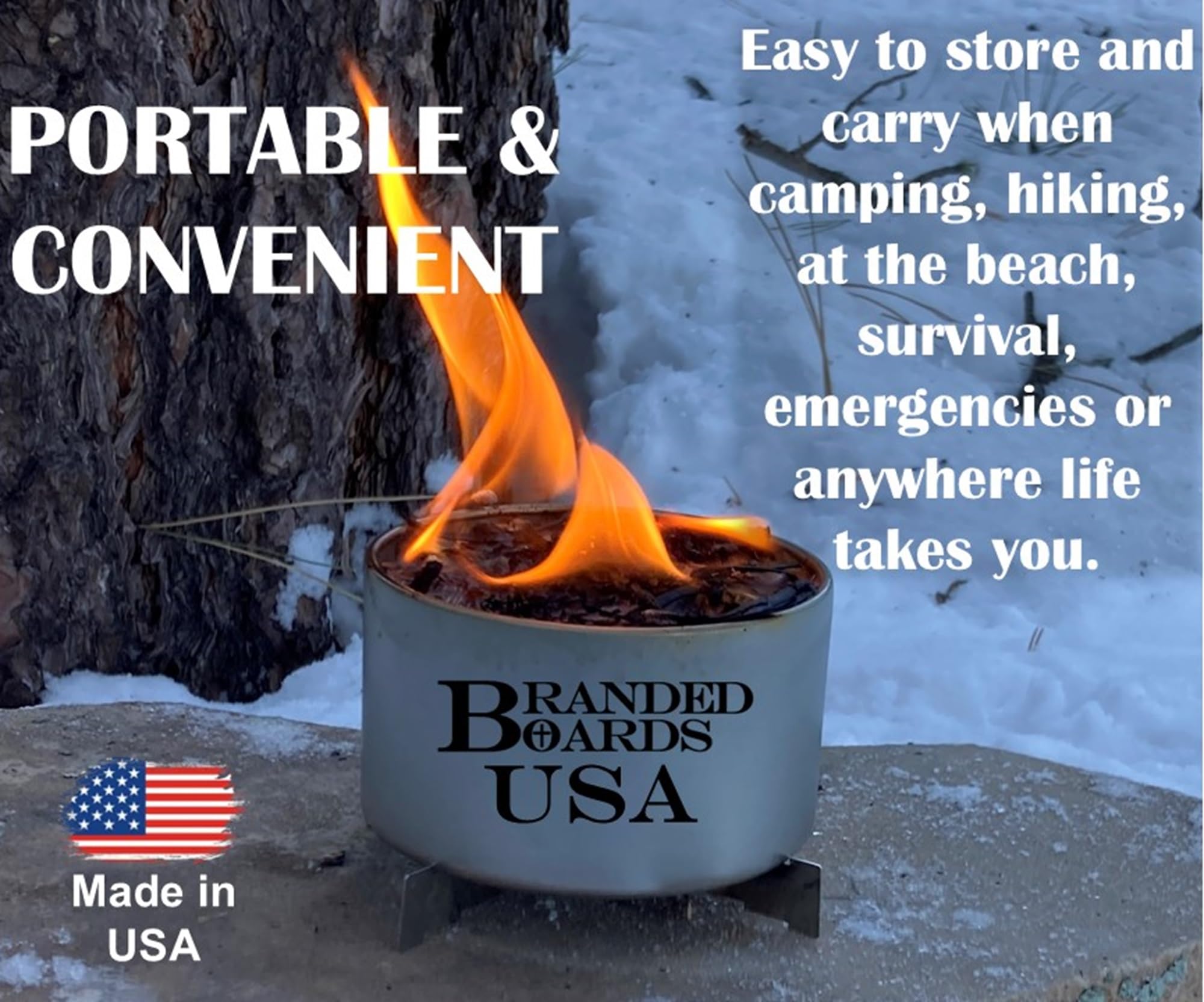 Branded Boards | Made In Usa | Portable Mini Bonfire Campfire In A Can | Reusable & Up To 5 Hours Of Burn Time | Picnics Parties