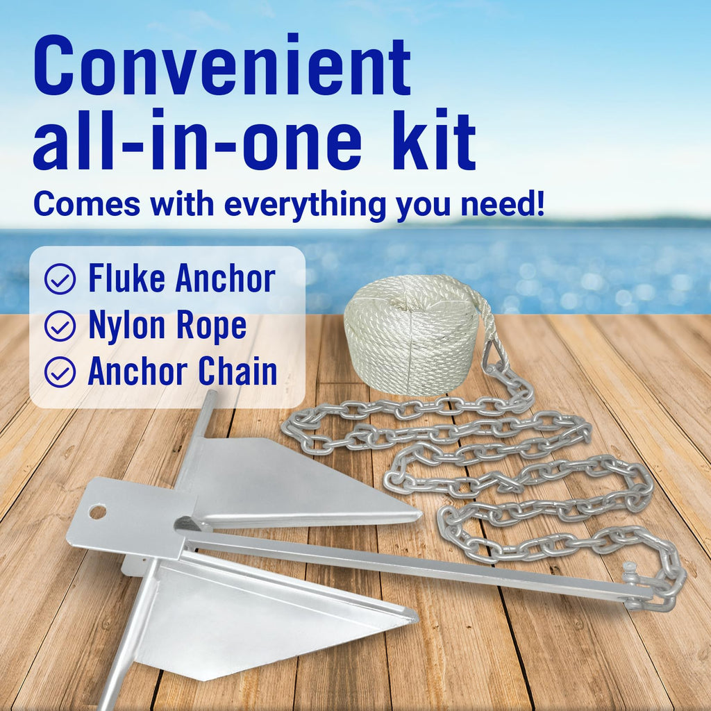13Lb Heavy Boat Anchor Kit Fluke Anchor With Anchor Chain And Boat Anchor Rope Set For 20' - 32' Foot Including Boat Anchors For