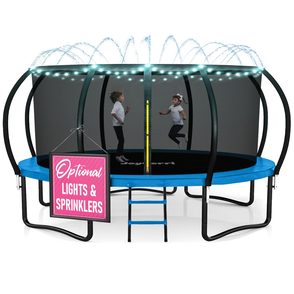 Trampoline for Kids and Adults - 8Ft 10Ft 12Ft 14FT 15ft 16ft Trampoline with Net - with Bonus Sprinkler and LED Lights/ASTM Cer