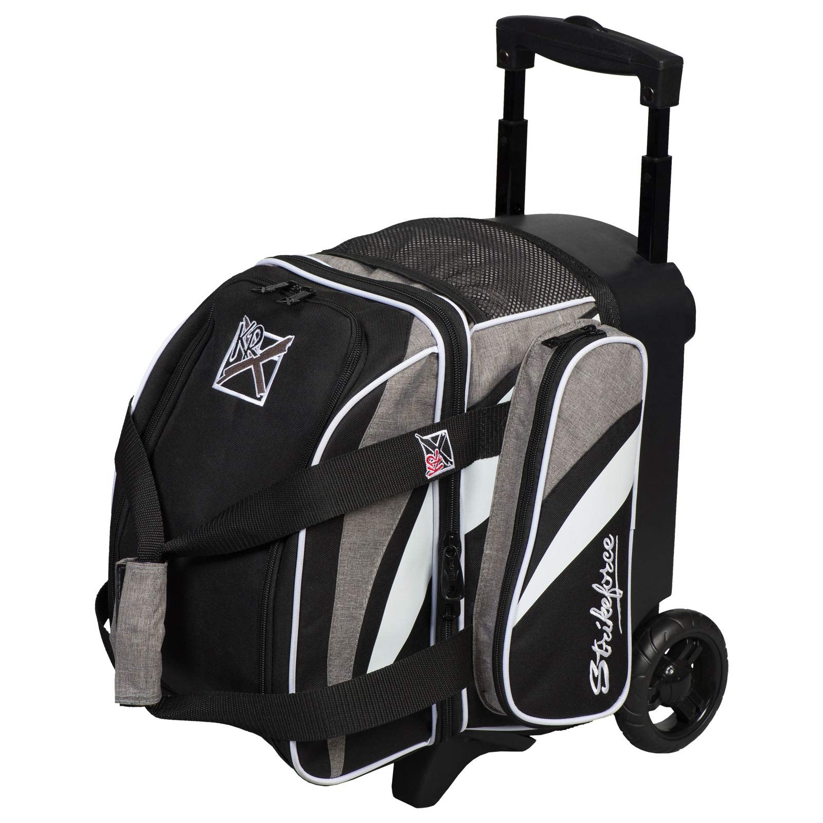 KR Strikeforce Cruiser Single Roller Bowling Bag with Top Shoe Compartment and Side Accessory Compartment (Stone/White/Black)