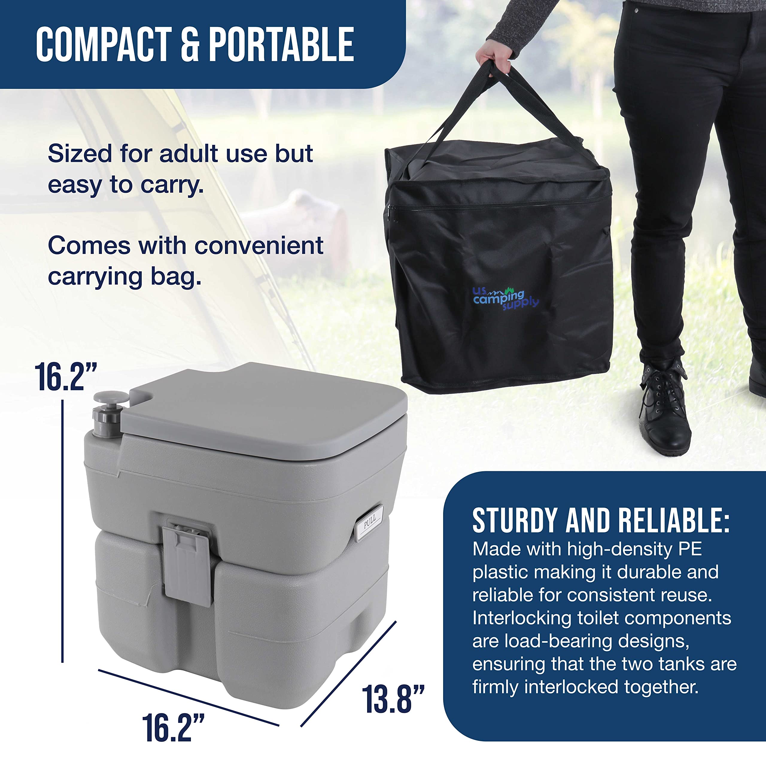 U.S. Camping Supply Portable Toilet With Carry Bag, 5.3 Gallon Waste Tank - Compact Indoor Outdoor Dual Outlet Commode - Travel,