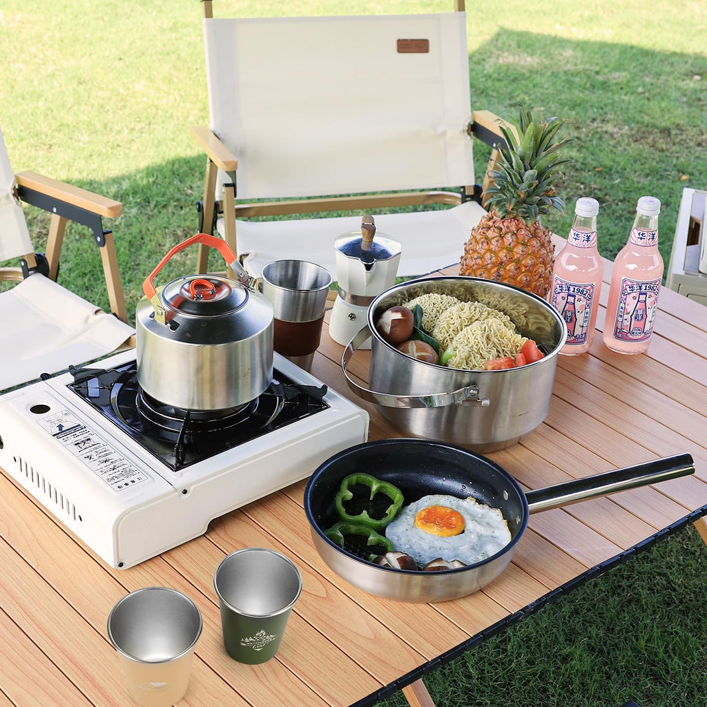 Whitsunday Outdoor Cookware 304 Stainless Steel Set, Backpacking Camping Dinnerware Set - Stackable Pots, Pans, Kettle, Cups Set