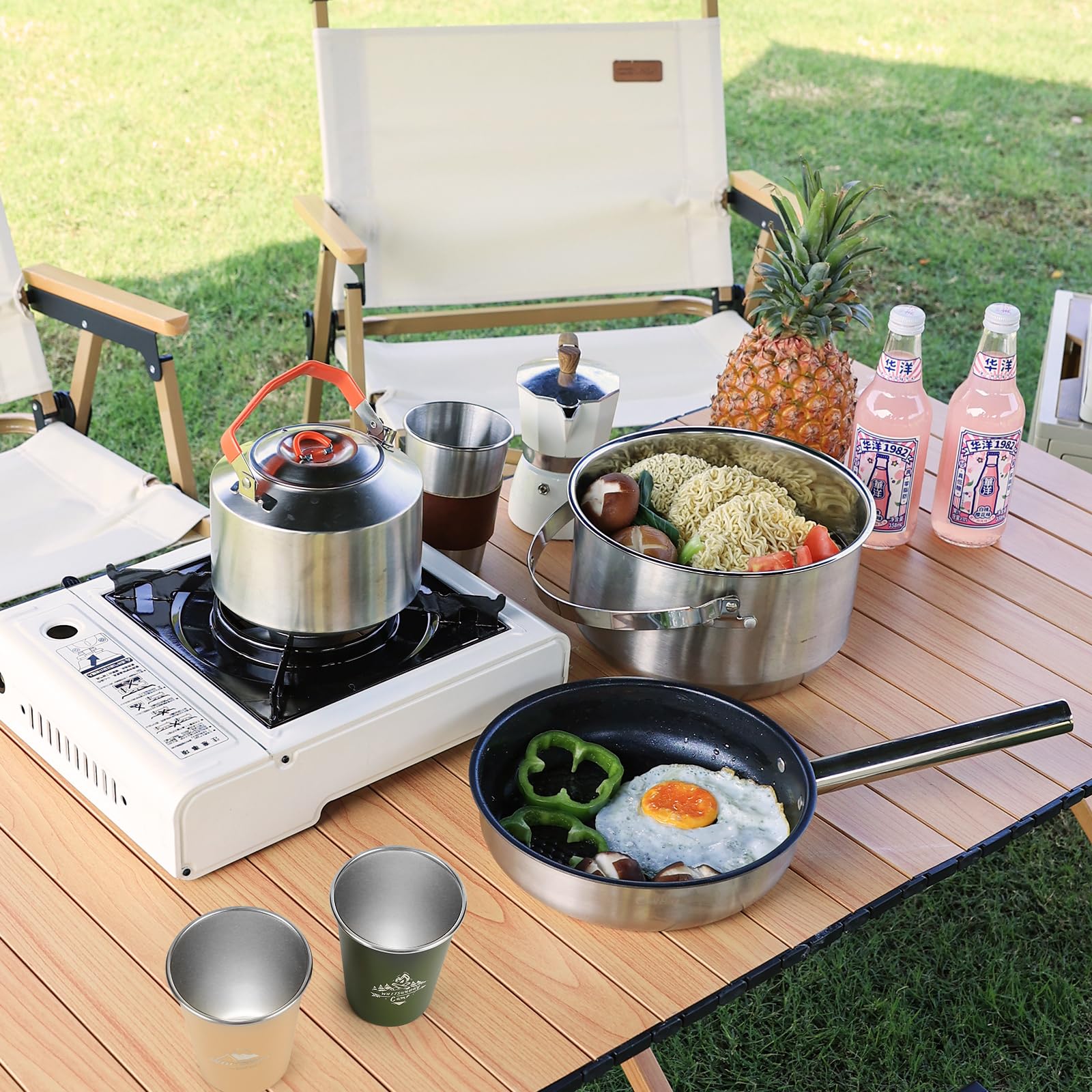 Whitsunday Outdoor Cookware 304 Stainless Steel Set, Backpacking Camping Dinnerware Set - Stackable Pots, Pans, Kettle, Cups Set