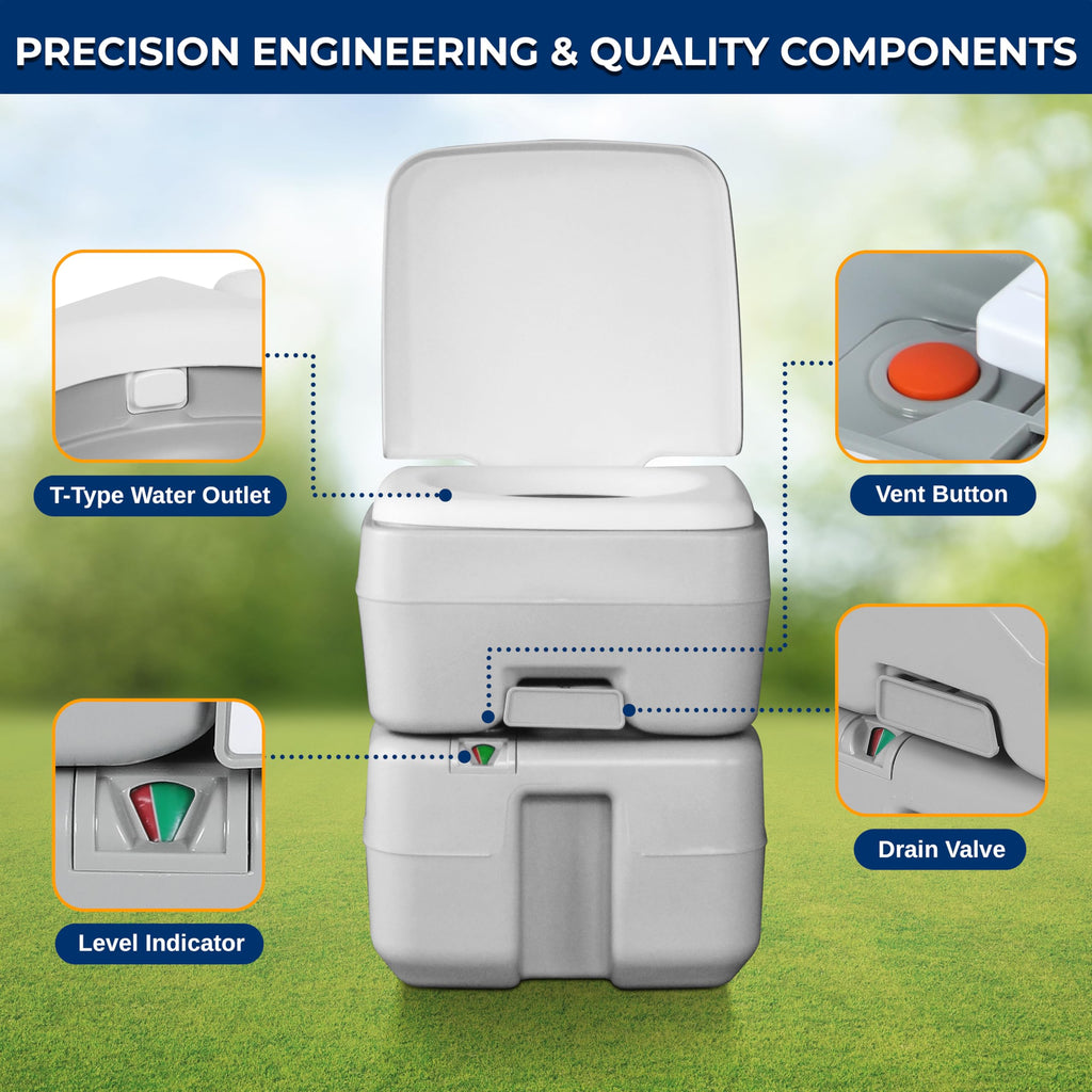Serenelife Portable Toilet With Carry Bag - Indoor Outdoor Toilet With Chh Piston Pump & Level Indicator - 5.3 Gallon Large Wast