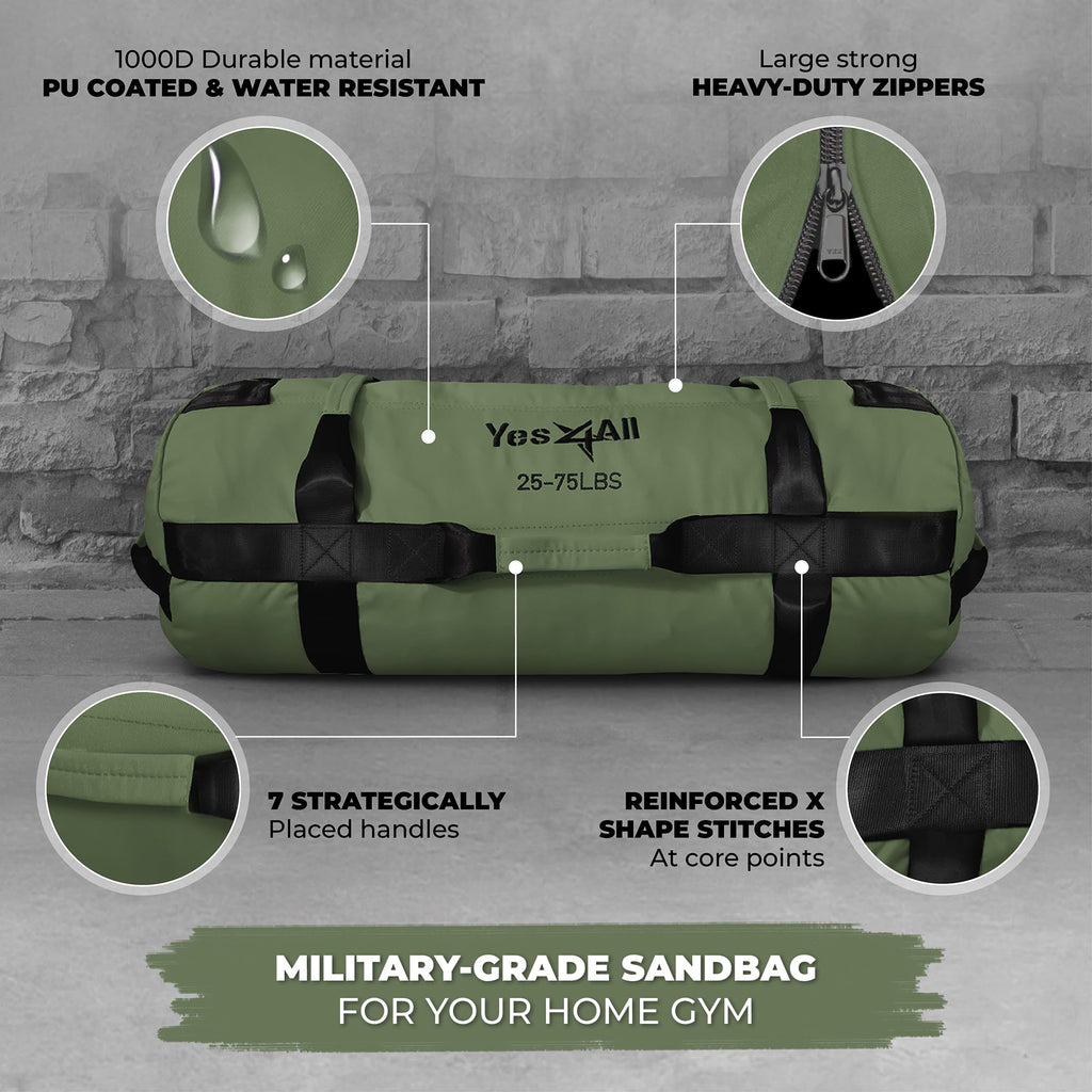 Yes4All Workout Sandbags, Heavy Duty Sandbags For Fitness, Conditioning, Mma & Combat Sports - Army Green - M