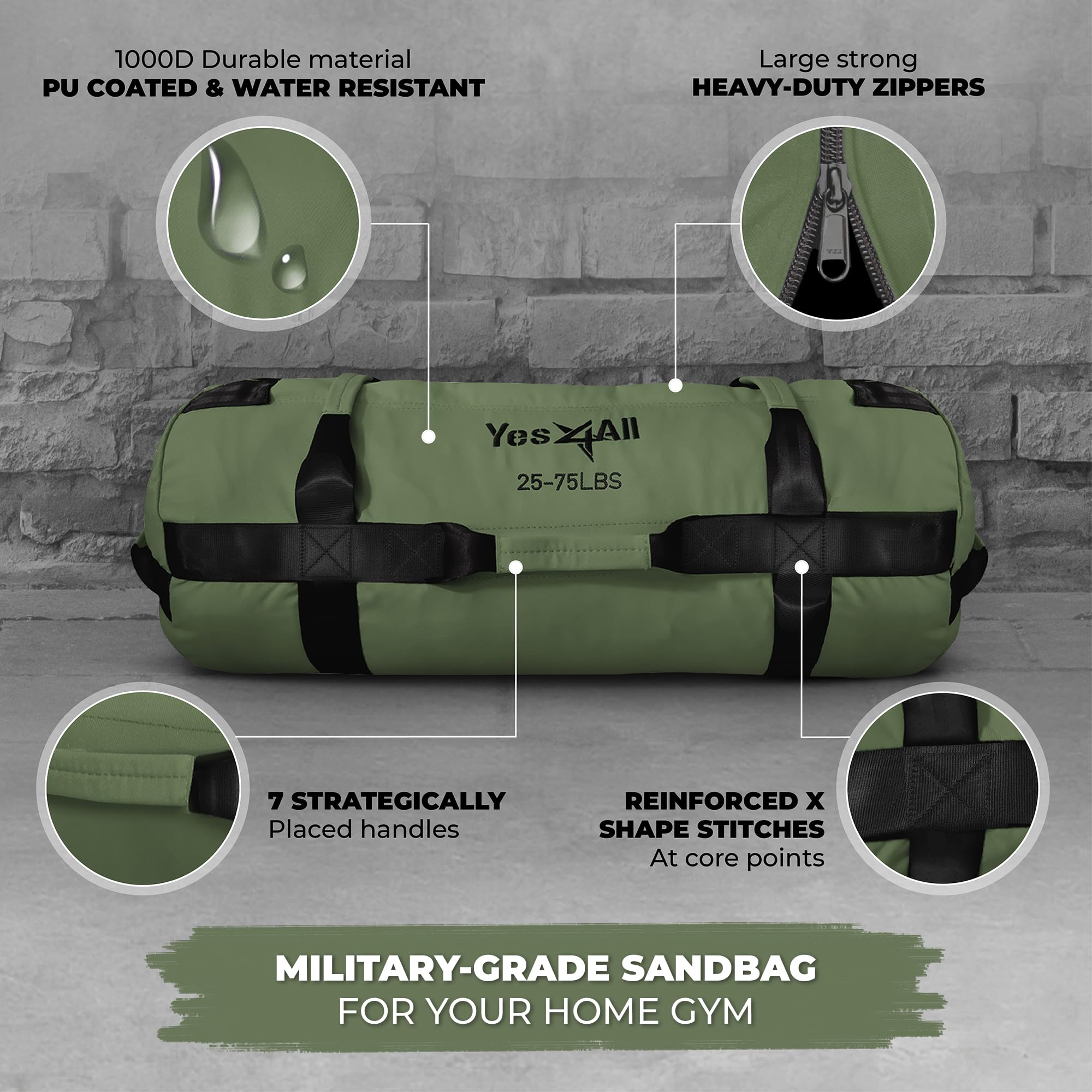 Yes4All Workout Sandbags, Heavy Duty Sandbags For Fitness, Conditioning, Mma & Combat Sports - Army Green - M