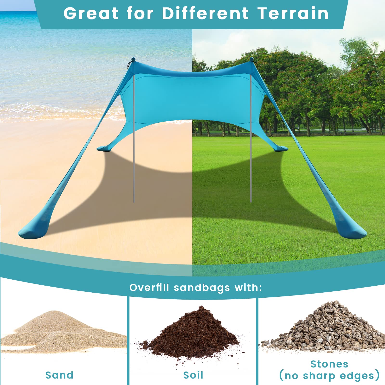 Beach Tent Sun Shelter - 10 X 10 Ft Beach Canopy Upf50+ Uv Protection With Sandbags, Poles, Grond Pegs And Anti-Wind Ropes For F