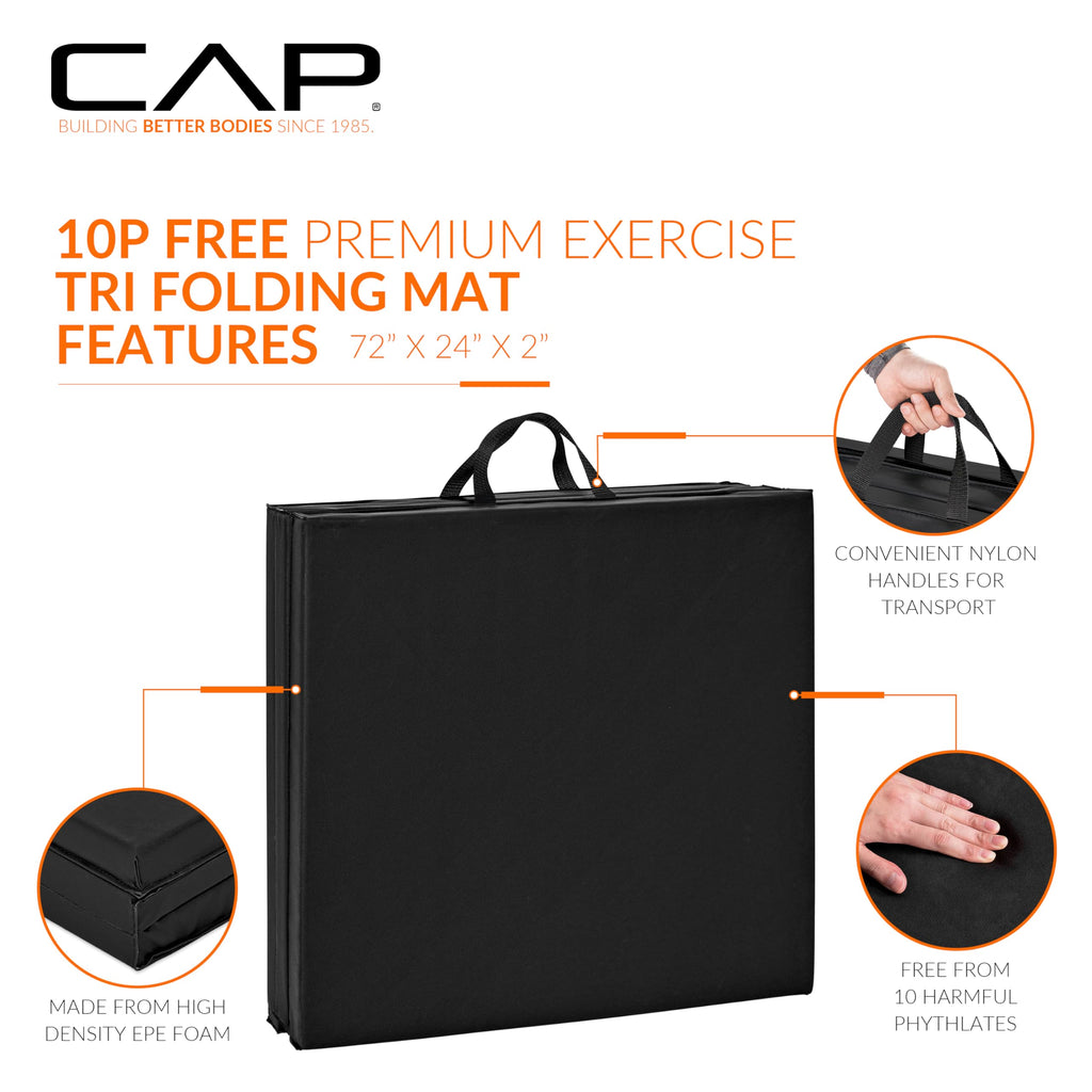 Cap Barbell Folding Exercise Mat - Durable, Anti-Tear, Thick Padding For Fitness, Aerobics, Gymnastics & Home Workouts. 72''L X