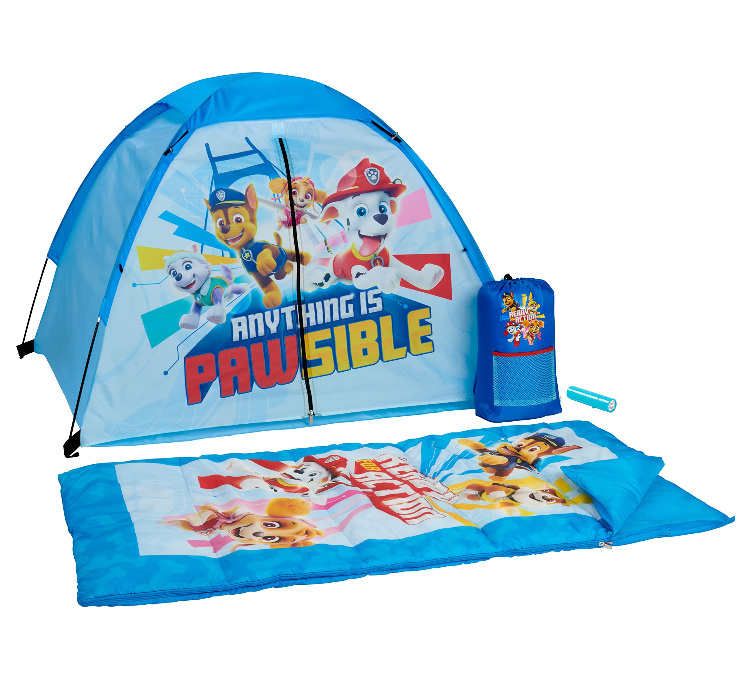 Exxel Outdoors Paw Patrol Kids Camp Set - Tent, Backpack, Sleeping Bag And Flashlight - 4 Piece Indoor/Outdoor Paw Patrol Kids S