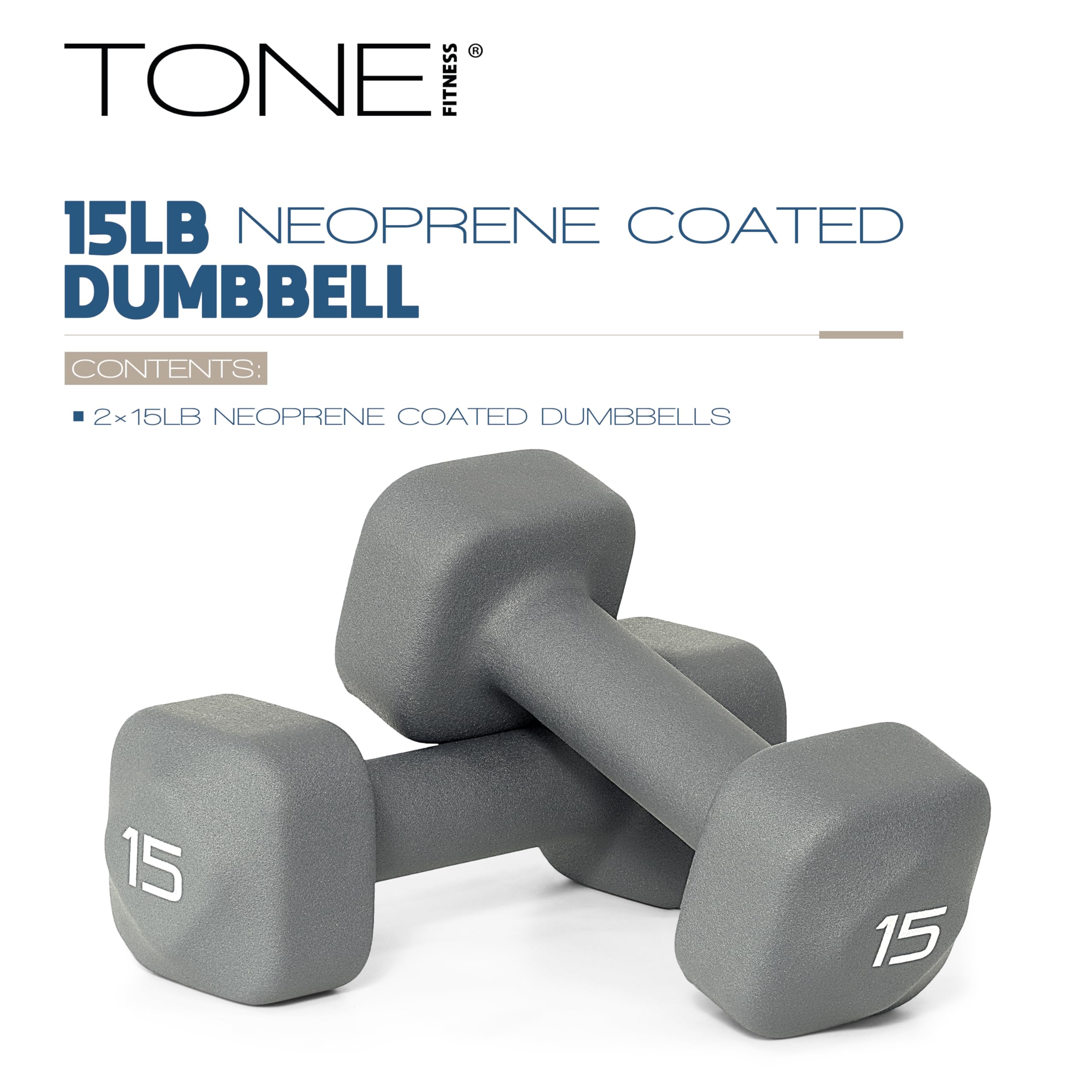 Tone Fitness 15 lb Neoprene Dumbbell Pair for Home Workouts - Non-Slip Design - Gray
