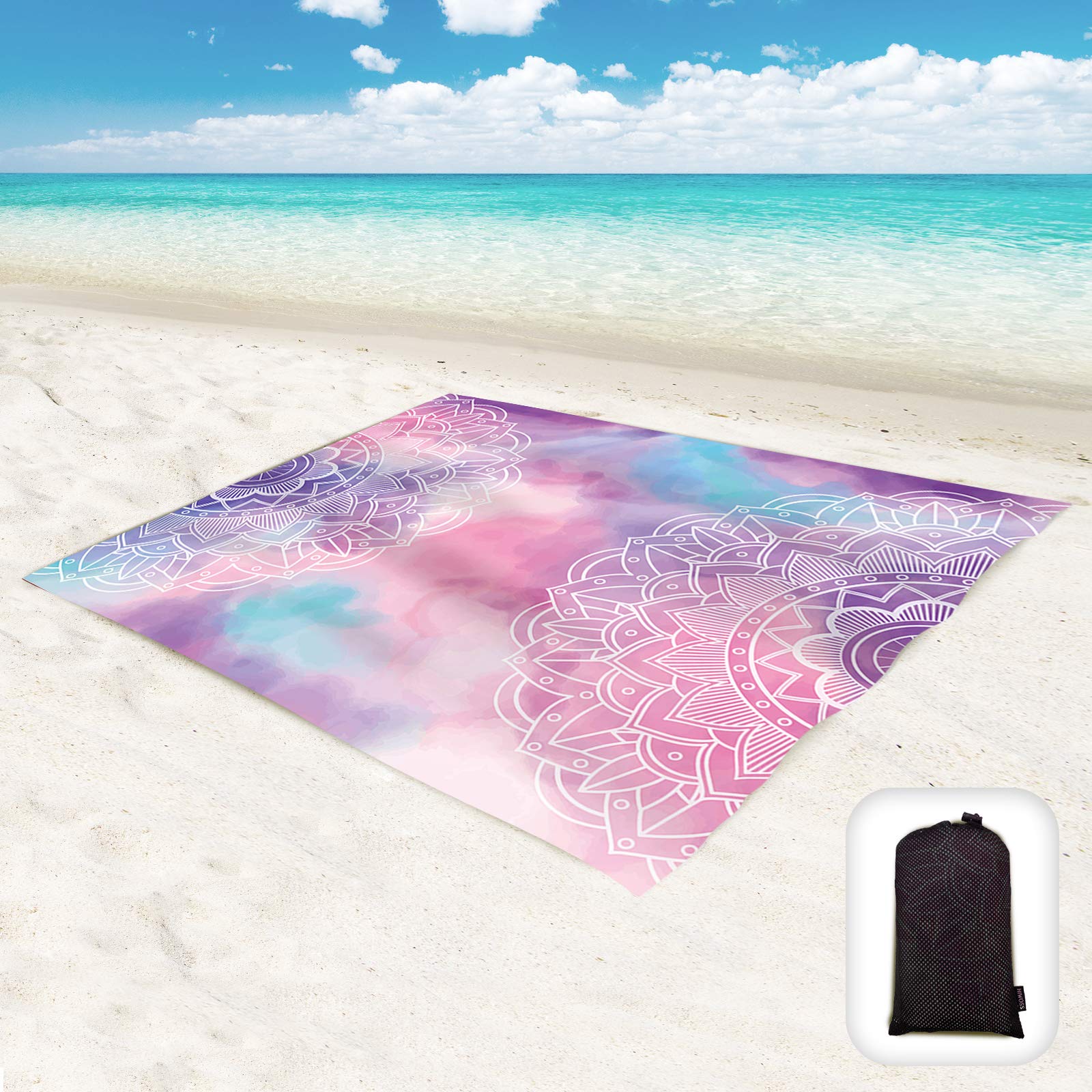 Hiwoss Beach Blanket Waterproof Sandproof Oversized 95   x 80   ,Sand Free Beach Mat with Corner Pockets,Portable Mesh Bag (Pink